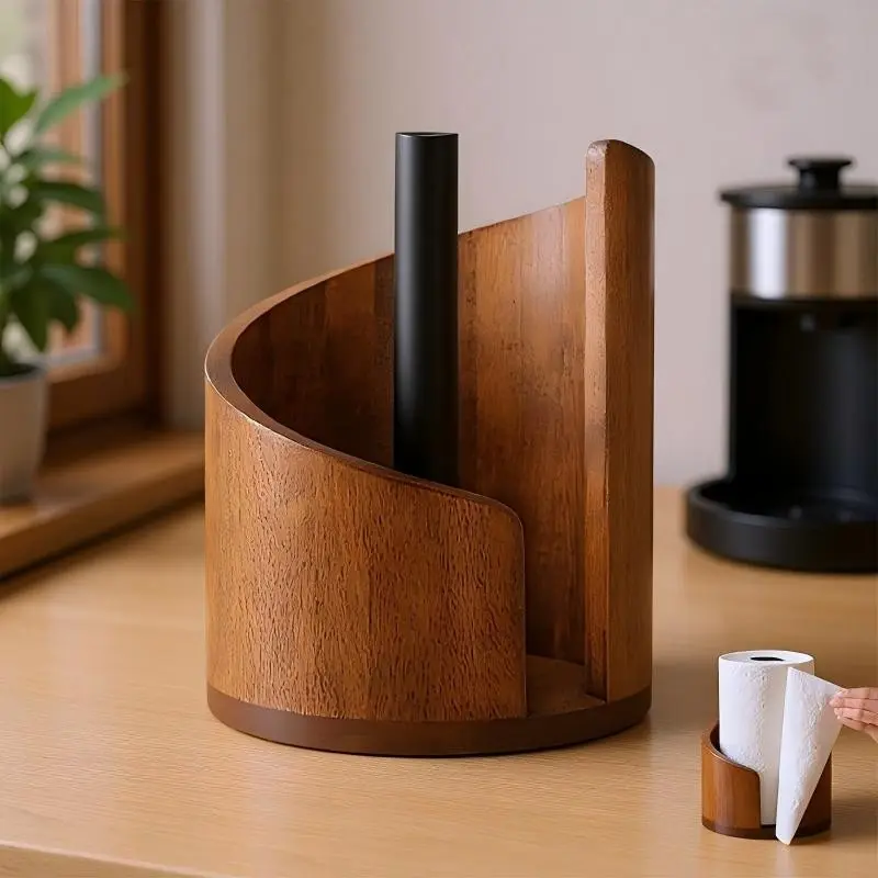 Kitchen Paper Holder, Countertop Style, Round, Natural Mango Wood Base and Iron Stand, Wooden Paper Rack, Ideal for Kitchen Storage, Table Placement, Home Decor
