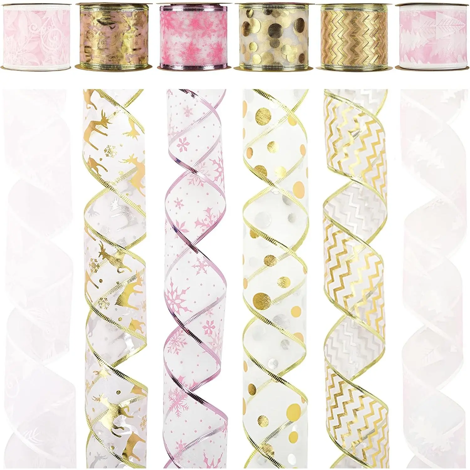 Christmas Ribbon Set 2.5 Inch, 6 Rolls 36 Yards,  and  Wired Ribbon for Tree Decorations, Wreath Bows, Garlands, Holiday Decor