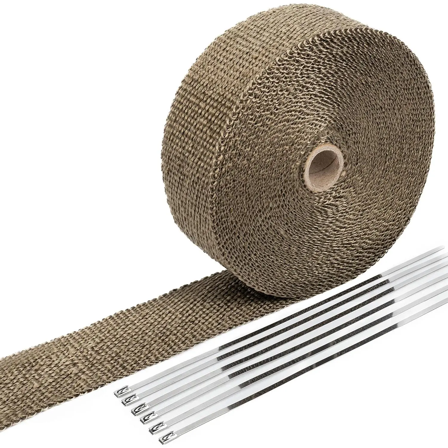 Titanium Exhaust Wrap (2 in x 50 ft) - Volcanic Rock Infused, 1400F Direct/2000F Heat Resistance, 50% Heat Reduction, High Abrasion Resistance, Oil Proof, for Motorcycle & Car Headers on Hot Metal Surfaces, 12 in Stainless Steel Zip Ties Pack, 2 Inch X 50