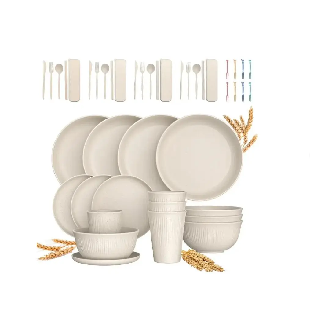 48 PCS Wheat Straw Dinnerware Set Unbreakable Reusable Plates Bowls Eco Friendly Tableware for Camping Travel