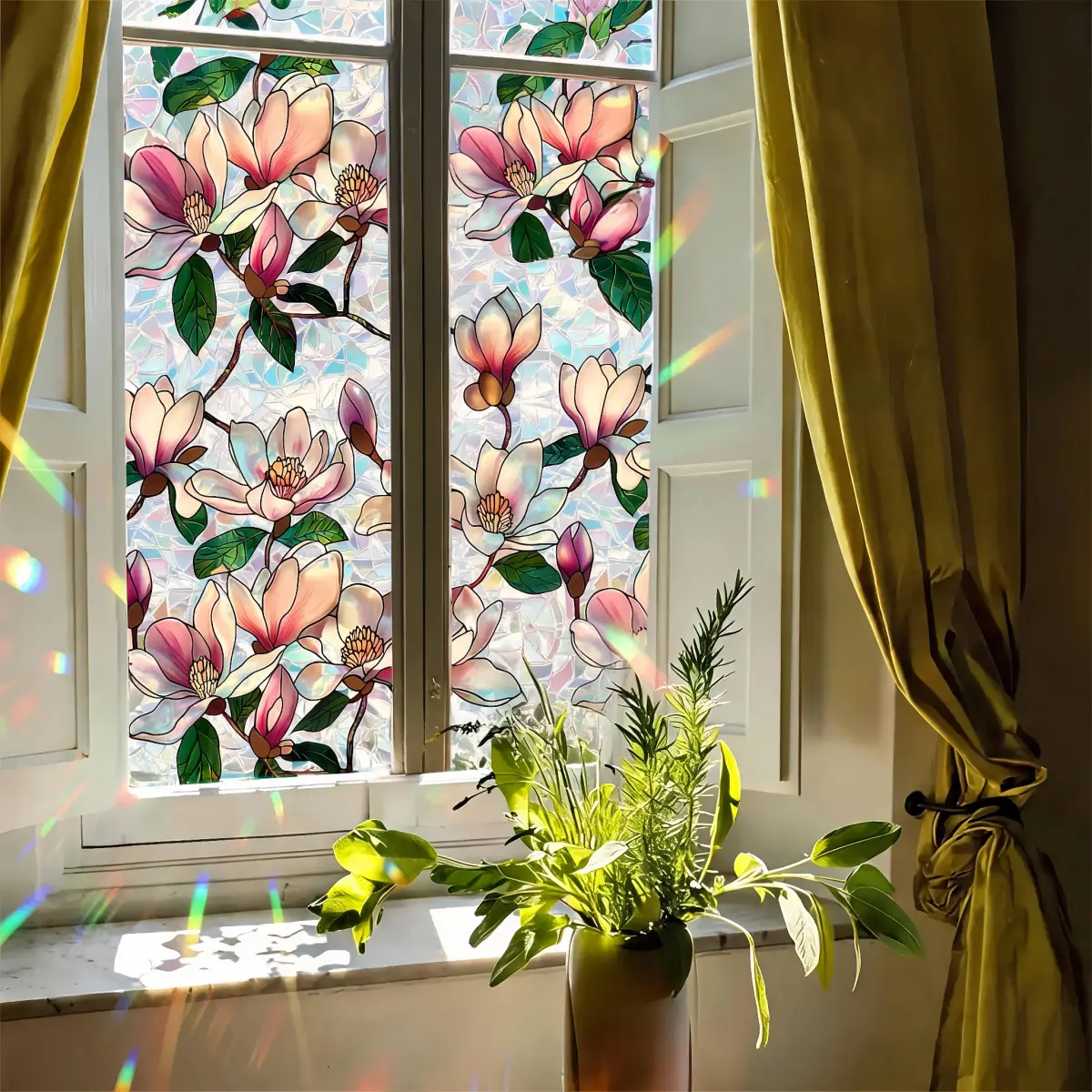 Spring-Colored Floral Stained Glass Window Privacy Film Roll - Electrostatic Adsorption, 17.7x39.4in Sun-UV Blocker, Sticker Decorations, Art Deco Retro Decal for Glass Doors/Outdoor Patio, Mother's Day Home Decor, Earth Day