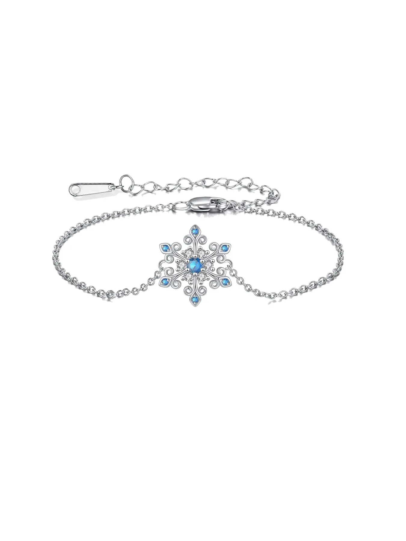 Elegant Blue Crystal Snowflake Bracelet, Delicate Silver Color Chain with Adjustable Extender, Winter Jewelry, Gift for Women and Girls