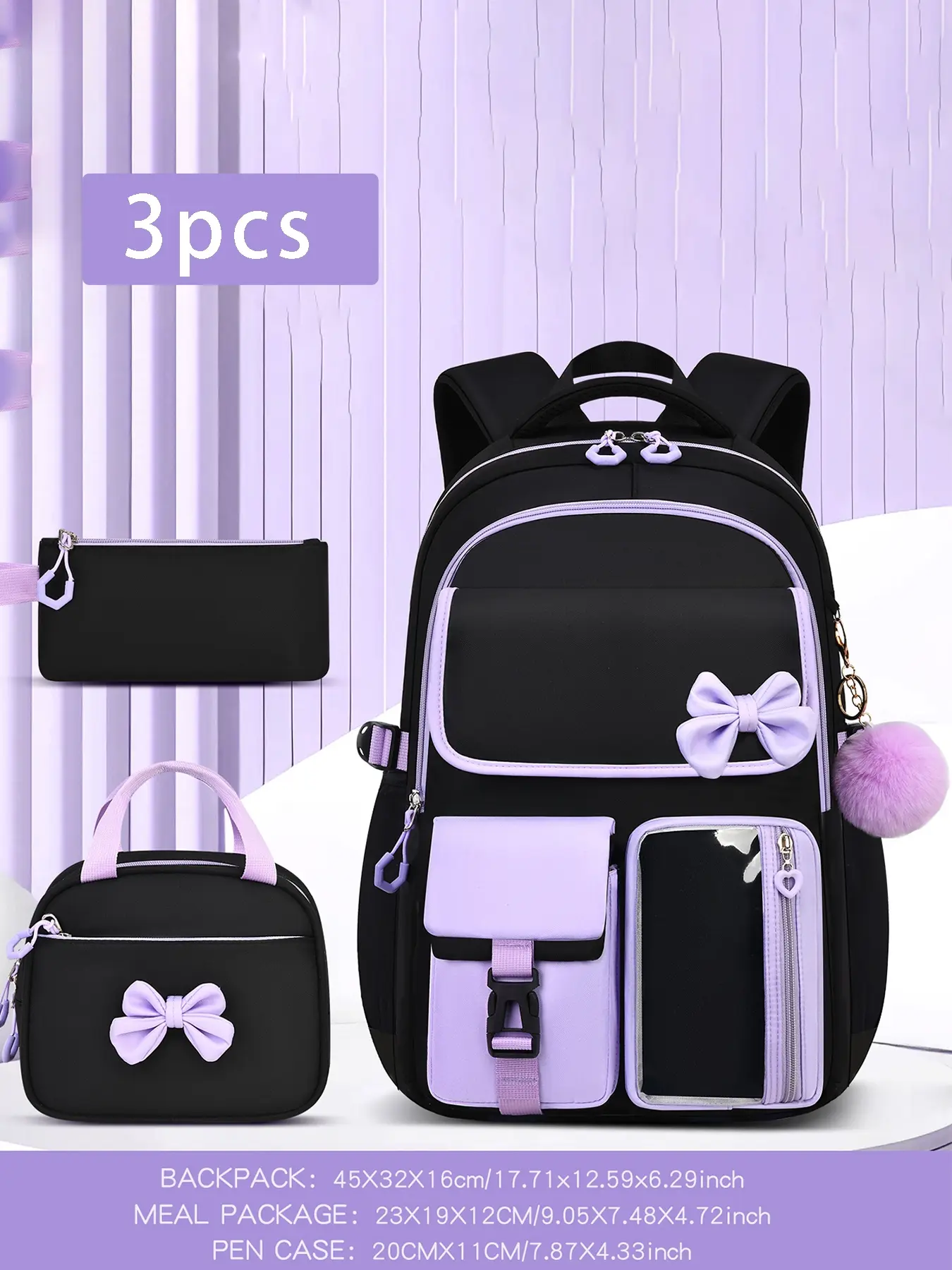 3pcs Contrast Trim Backpack Combo With Handheld Lunch Bag Stationery Pouch Bow Decor Fluffy Pom Pom Pendant Multi-Layer Zipper Compartments Padded Adjustable Straps Large Storage Backpack for Campus Study Daily Commute Weekend Outdoor Trip