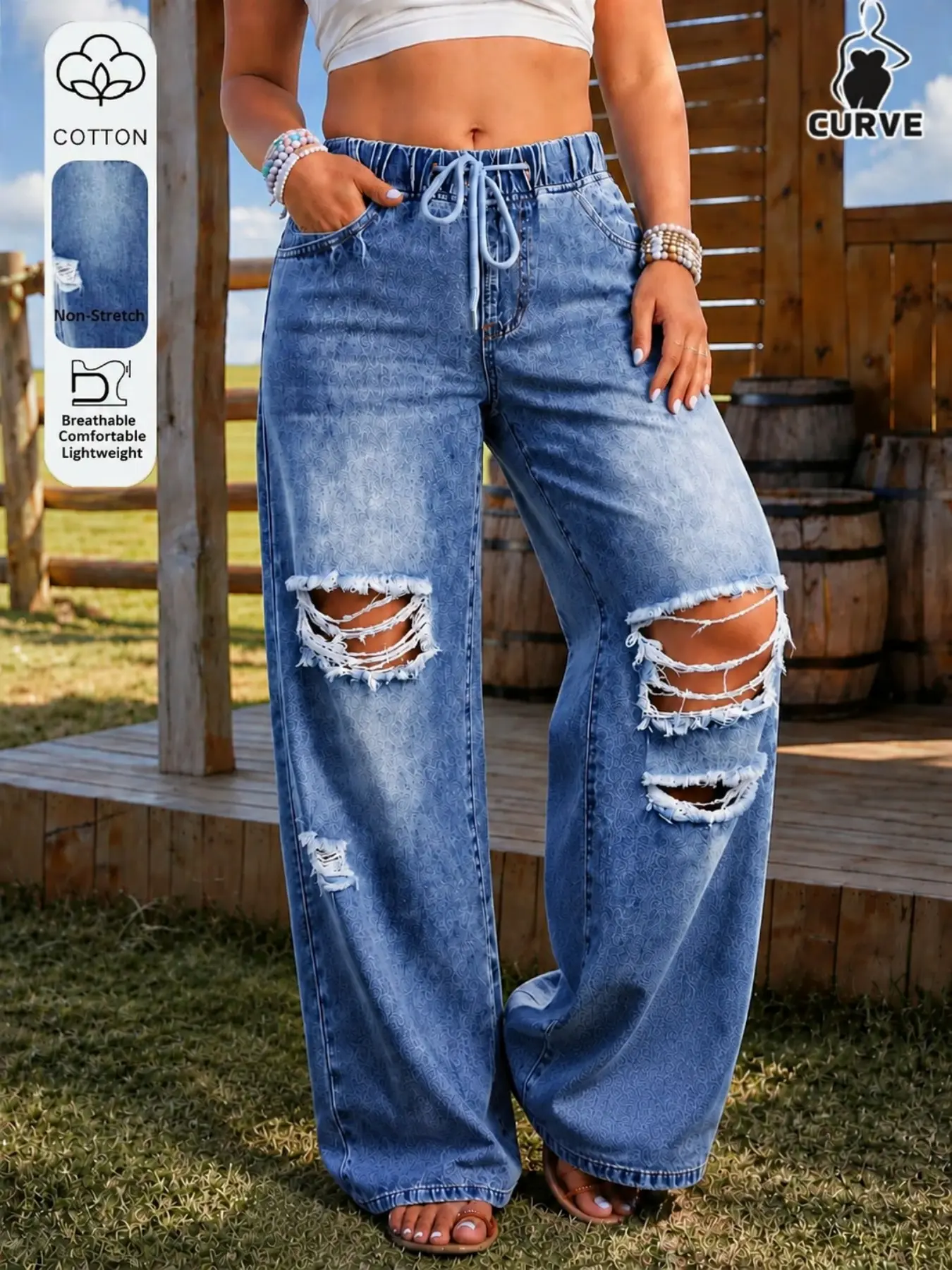 Plus Size Women's Ripped Jeans, Elastic Drawstring Waist, Vintage Frayed Holes, Y2K Style, Loose Fit, All Season Casual Pants
