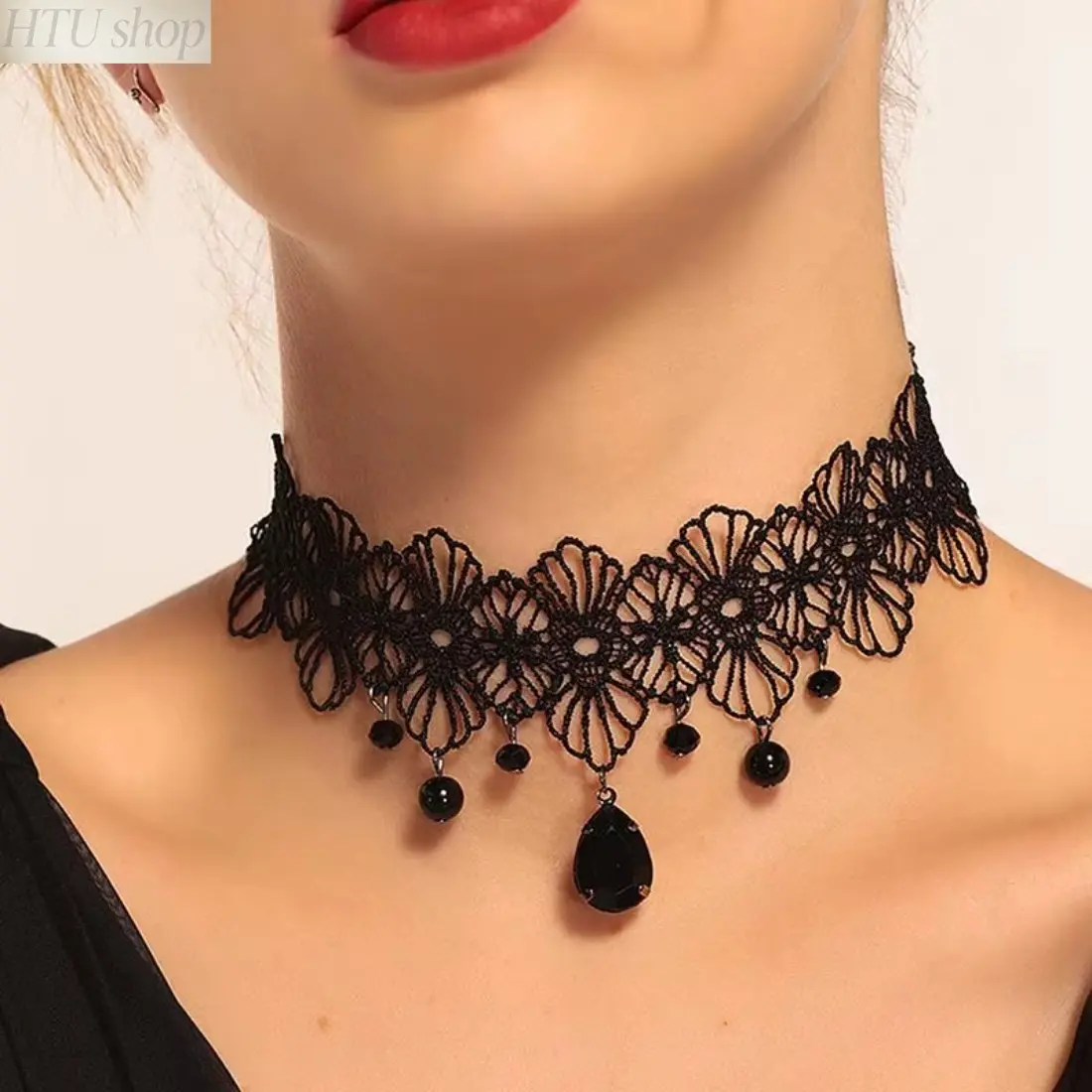 1pc Vintage Gothic Lace Choker For Women Black Crystal Pendant  Choker Necklaces  Bead Choker Jewelry