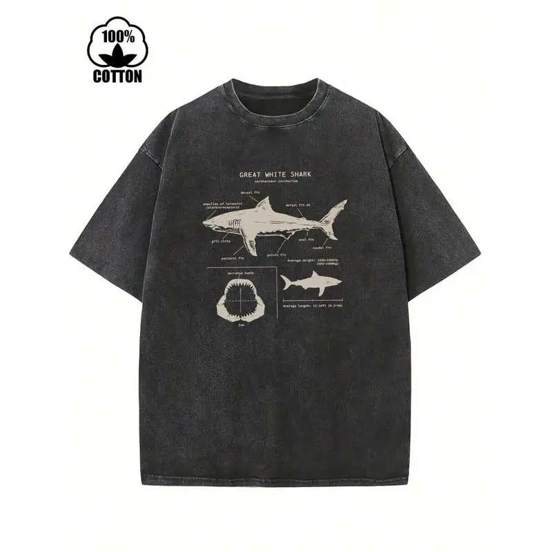 Retro Washed Black Short Sleeve T Shirt Shark Ocean Graphic Crew Neck Oversized Tee Casual Loose Fit Street Style Daily Wear Fashion Unisex Top