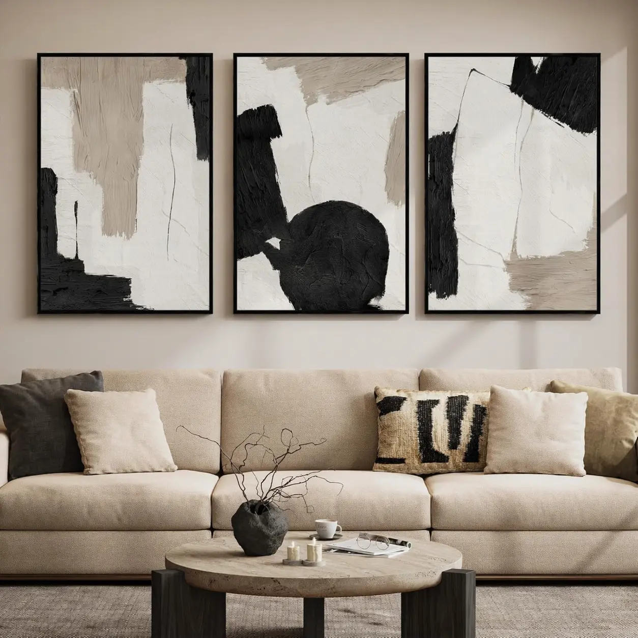 Large Framed Abstract Neutral Wall Art for Living Room, 3 Piece Black and White Beige Modern Canvas Prints Artwork for Walls, Minimalist Mid Century Painting Wall Decor Hallway Dining Room, 24x36 Inch