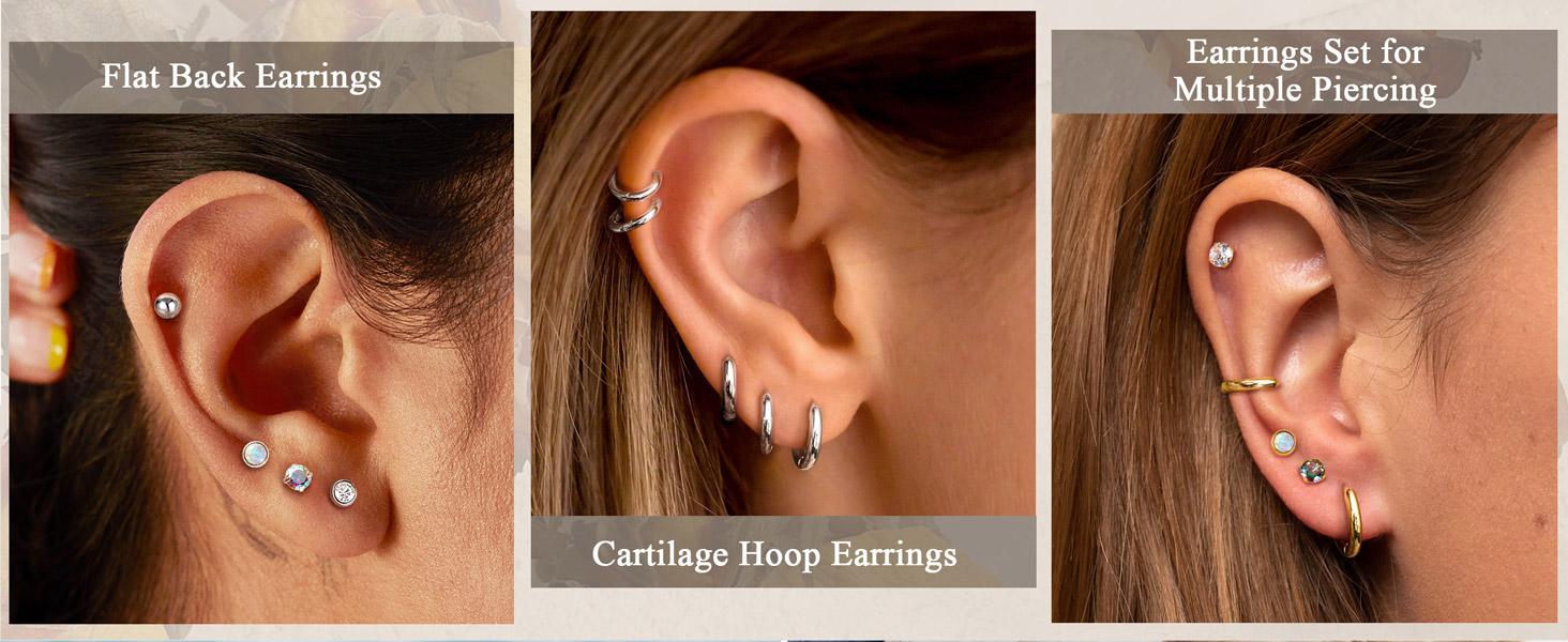 Fashionable fine needle earrings Steel Earrings for Hypoallergenic 20G Stainless Steel Small Opal Ball CZ Surgical Steel Flat Back Earrings Cartilage Earrings Hoop for Women Men