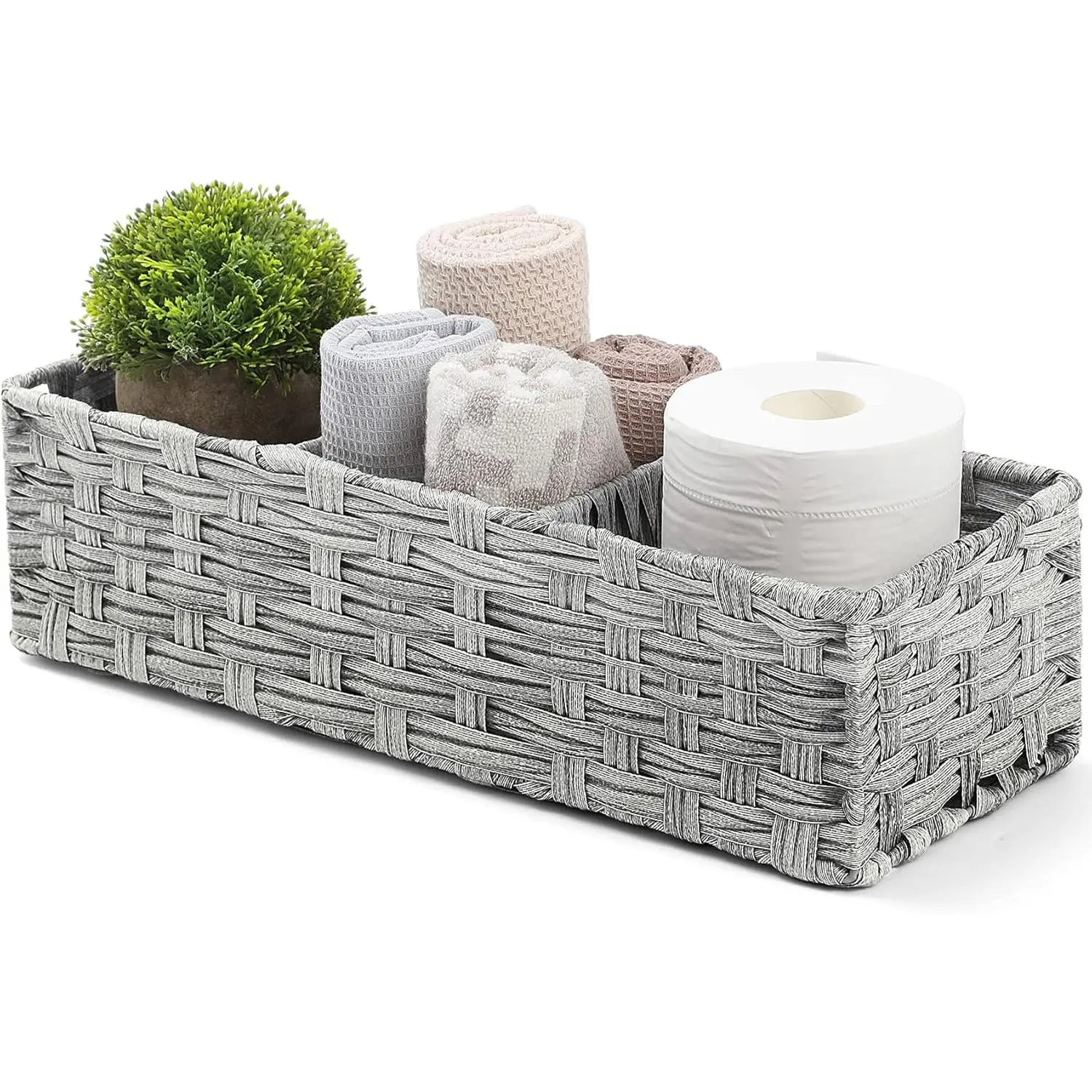 Gray Wash Hand-Woven Plastic Wicker Pet Storage Basket - Vanity Organizer Bin with Larger Divided Compartments, Craft Industrial Rustic Farmhouse Decor for Kitchen, Laundry, Beauty Spaces