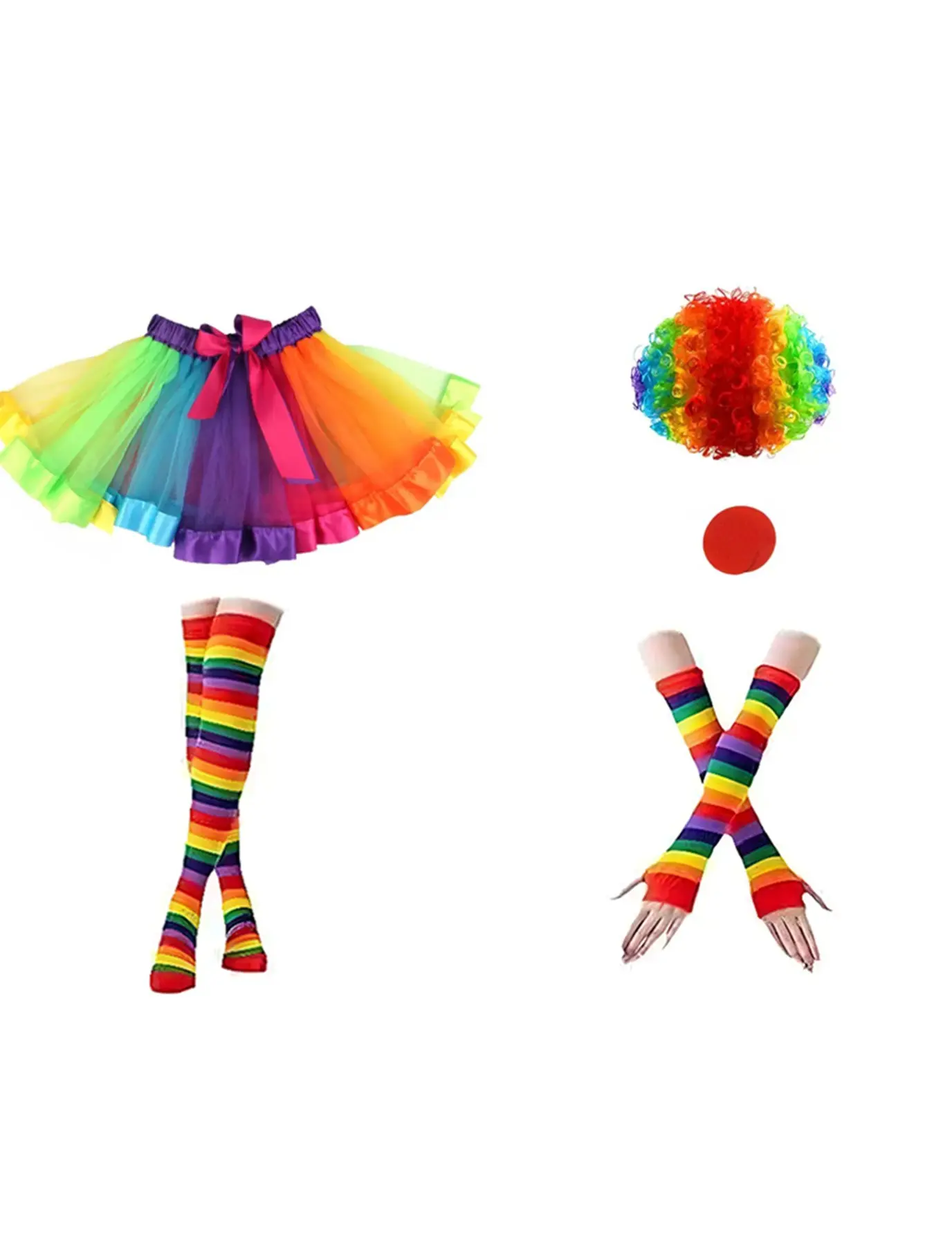 Rainbow Clown Cosplay Set, Includes Rainbow Mesh Skirt, Striped Leggings, Fingerless Gloves, Colorful Wig, Nose, Carnival Party Costume Props, Costume For Parties