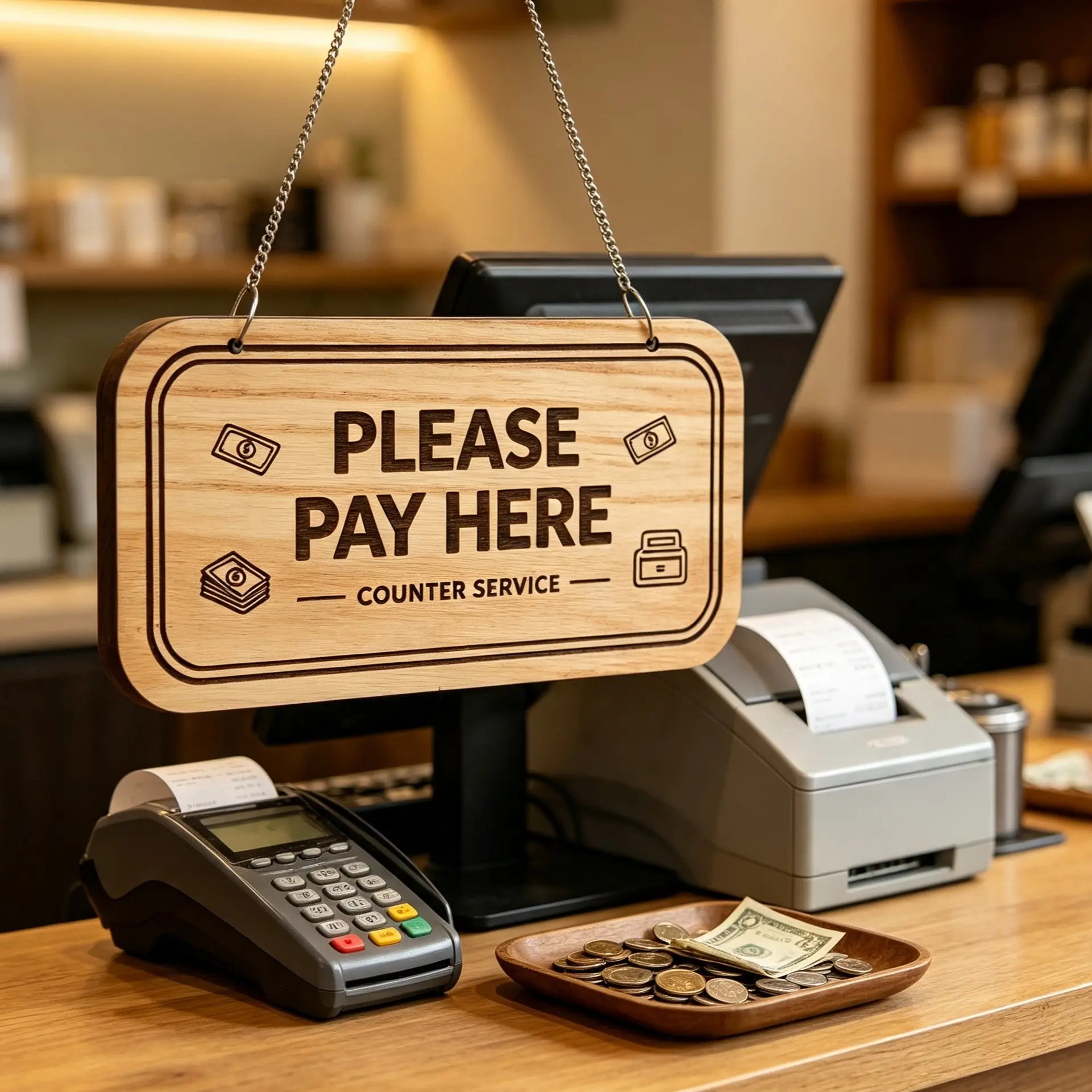 Solid Wood Laser Engraved Sign, Cashier Special Use, Counter Service Identifier, Decorative Hanging Sign, Elegant Design