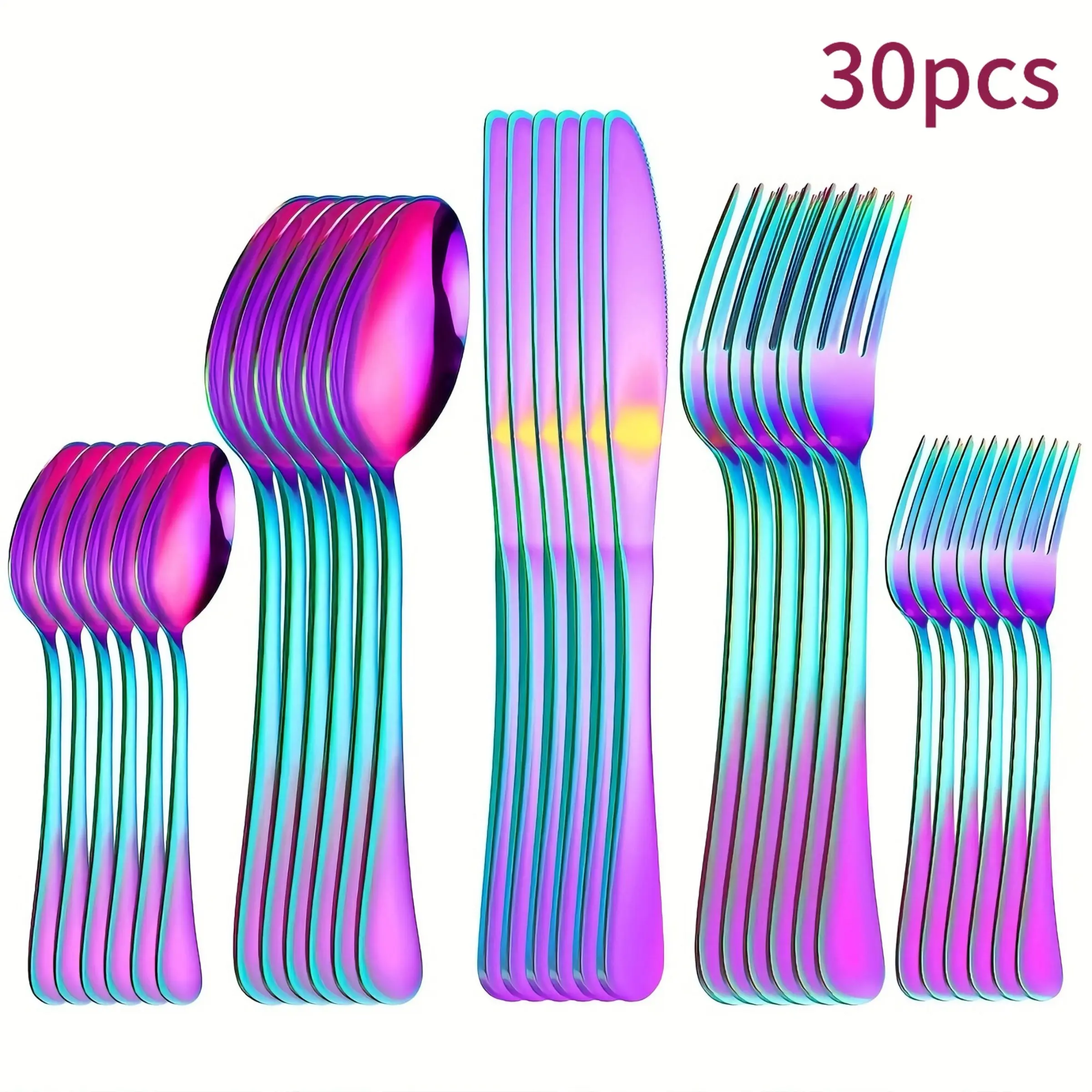 30pcs Stainless Steel Rainbow Dinnerware Set, 6-Person Capacity, Dishwasher Safe, Ideal for Gifts, Parties, Home, Restaurant Use