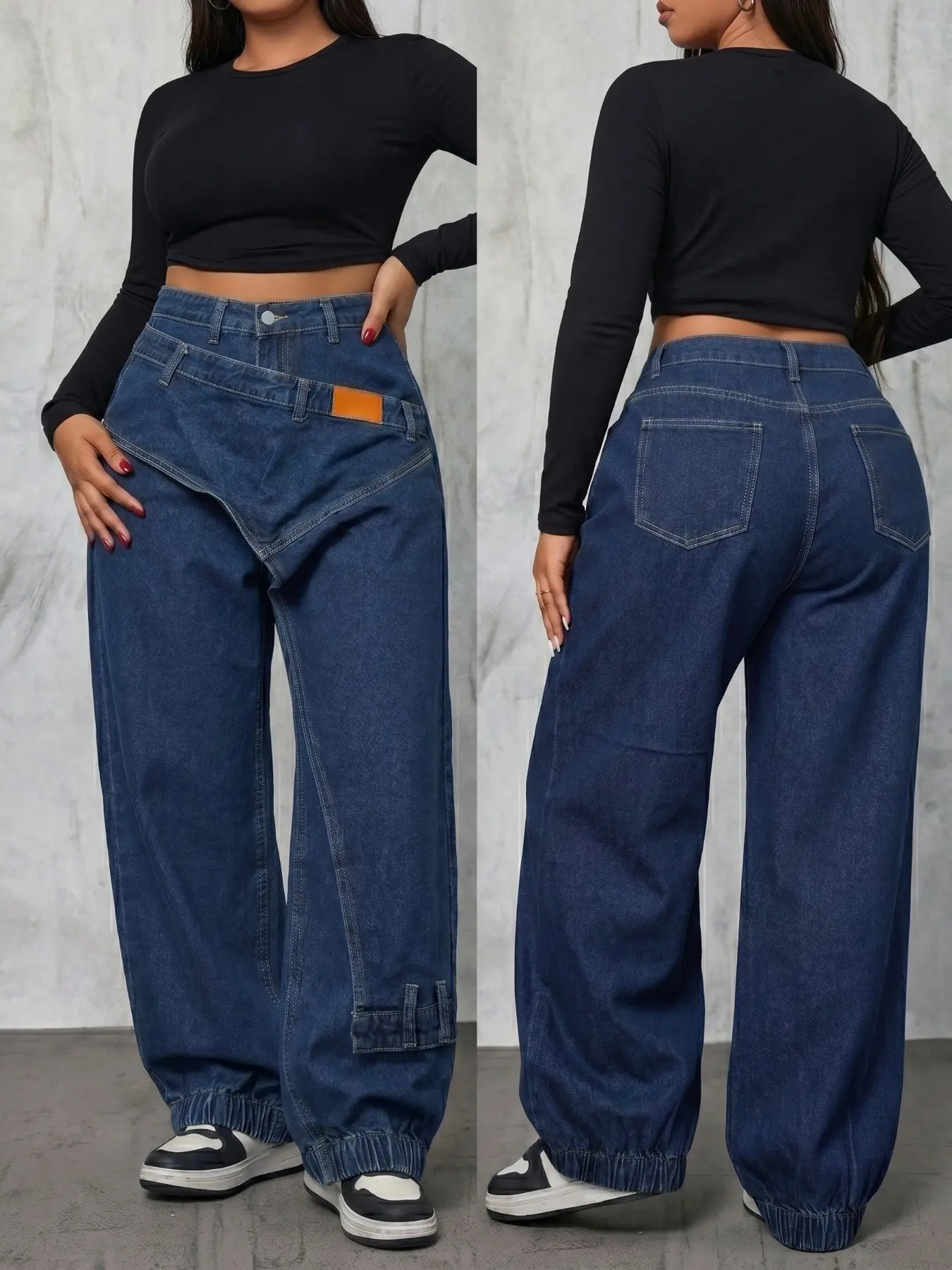 Women's Asymmetrical Waist Cargo Pants, Fake Belt Label, Loose Wide Leg Long Jeans, Streetwear Y2K Style, Perfect for Pear Shape Body