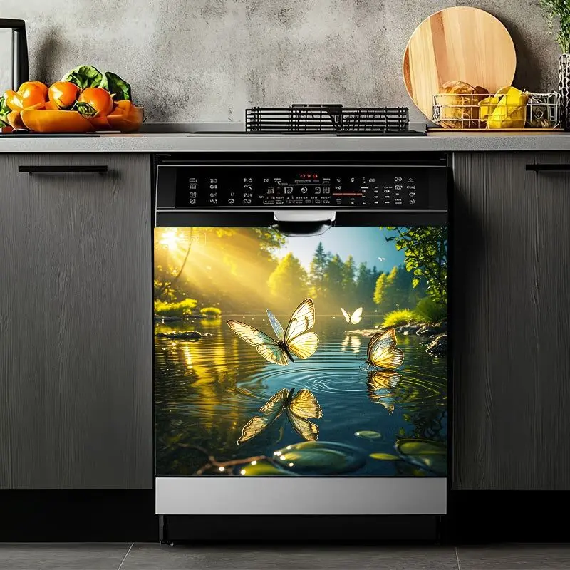 2D Flat 2Pcs Dishwasher Magnetic Cover Sticker Butterfly Nature Landscape Design Waterproof Removable Appliance Front Panel Decor for Kitchen Home Decoration Door Refrigerator Decals Washing Machine