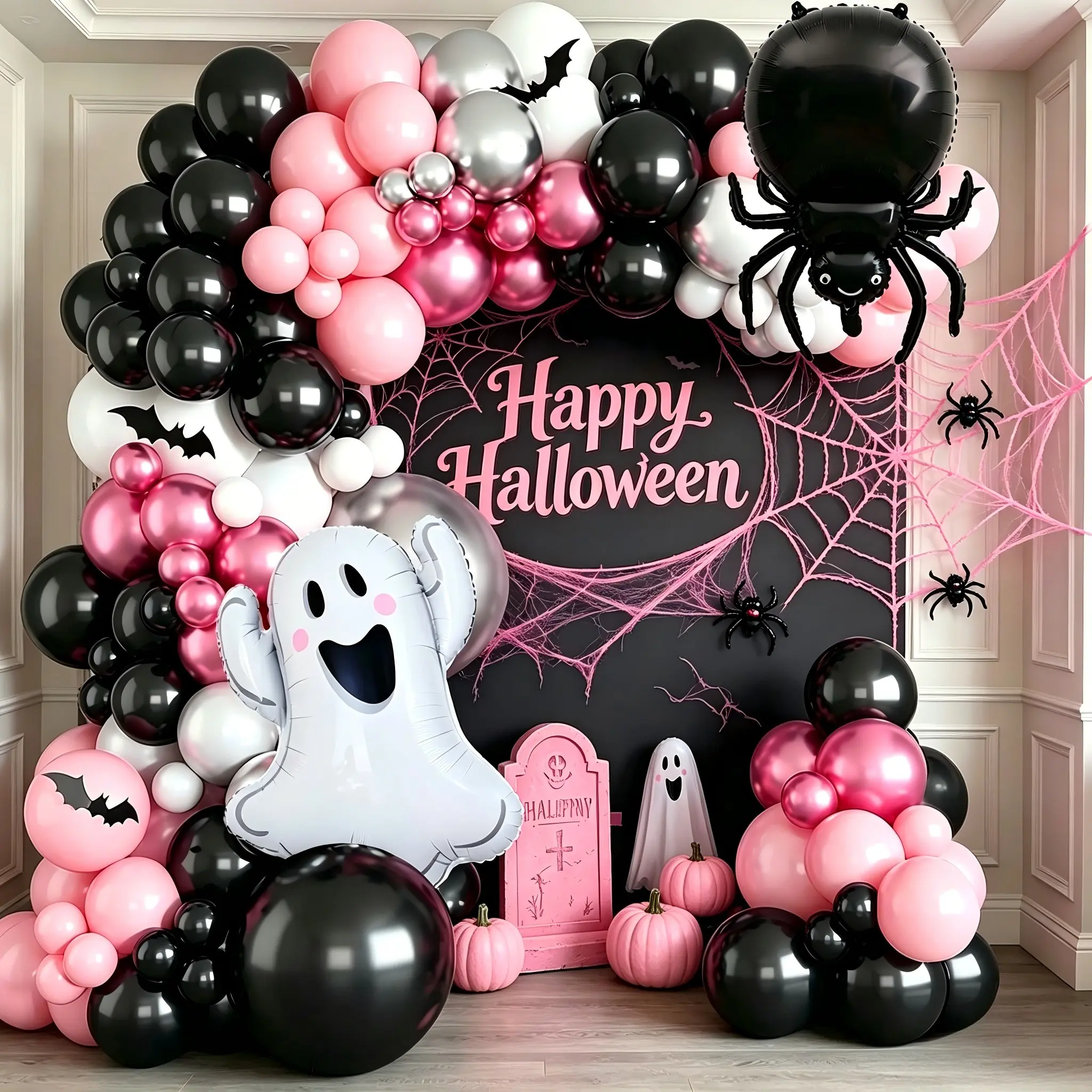 106pcs Halloween Balloon Arch Set, Ghost & Giant Spider Foil Balloons, Silver Color Latex Balloons, Party Decor Supplies