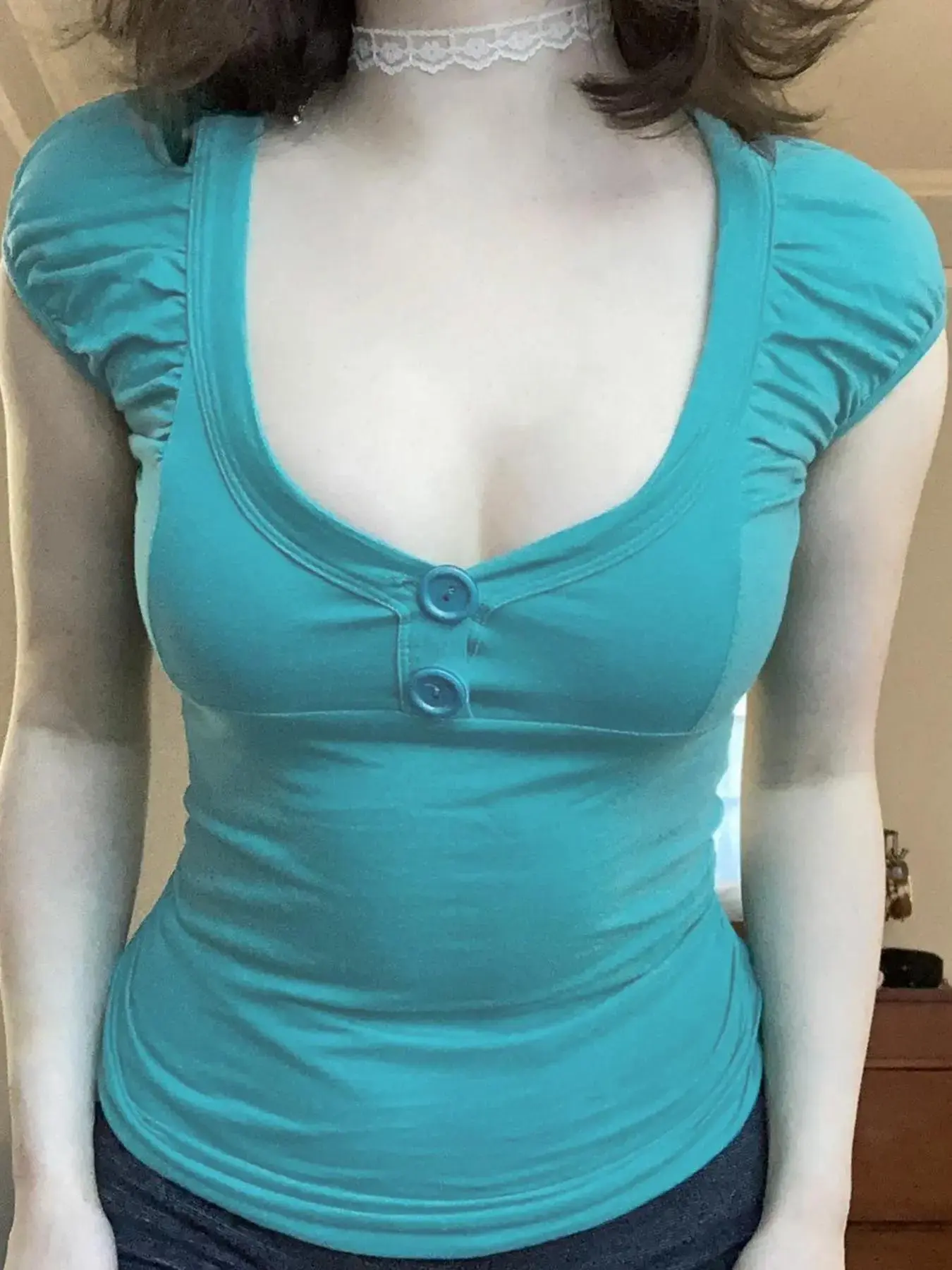 Vintage Y2K U-Neck Fitted T-Shirt for Women, Bubble Sleeves, Ruched Shoulders, Two Buttons, Elastic Soft, Slim Fit, Casual Top