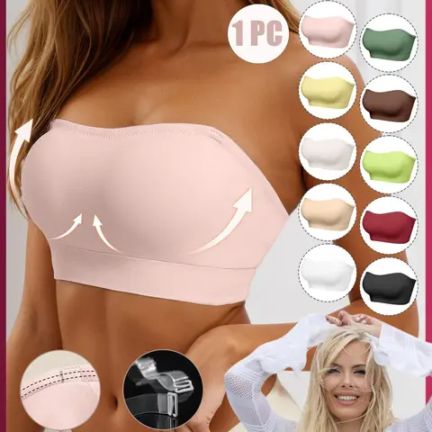 Women’s Strapless Bra with Gathered Design, No Wire and Non-Slip Backless Style, Seamless Invisible Cup Bras for Ultimate Comfort