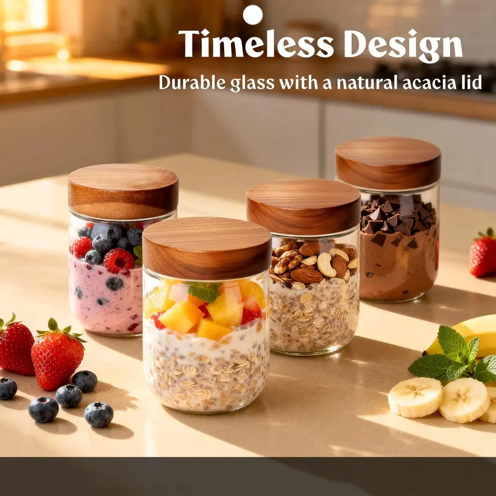 4 Pcs Overnight Oatmeal Jars with Lids, Glass Mason Jars with Acacia Wood Lids and Wide Mouths, Suitable for Storing Food, Chia Seed Pudding, Snacks, Yogurt, Spices, Meal Prep, and More. Food Storage Containers.