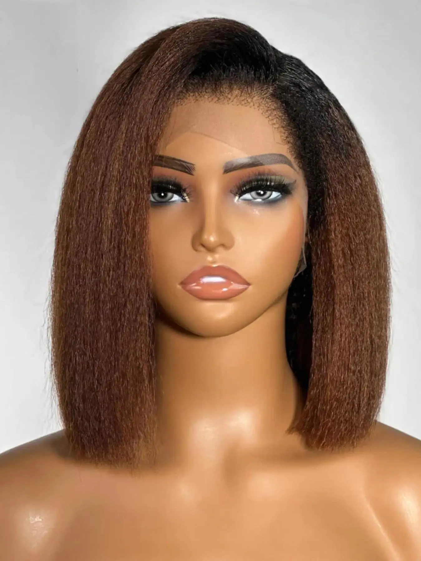 Deep Soft Long 14 Inch 180 Density Curly Yaki Straight Hair Front Lace Wig, Glueless Heat Resistant Daily Wear Synthetic Fiber Wig, Synthetic Hair Wigs
