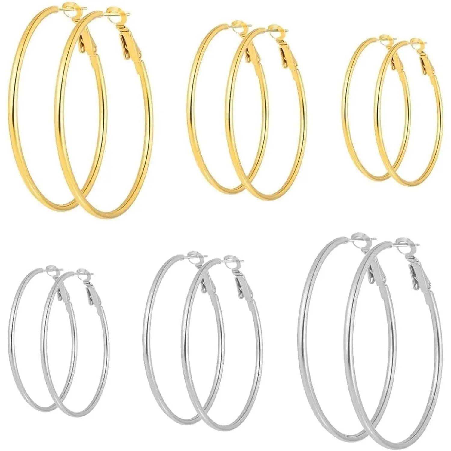 6 Pairs  Plated  Steel Hoop Earrings for Women | 3-5mm Lightweight Stainless Earrings Set,Lead and Nickel Free Comfortable and Safe for  Ears  for Women