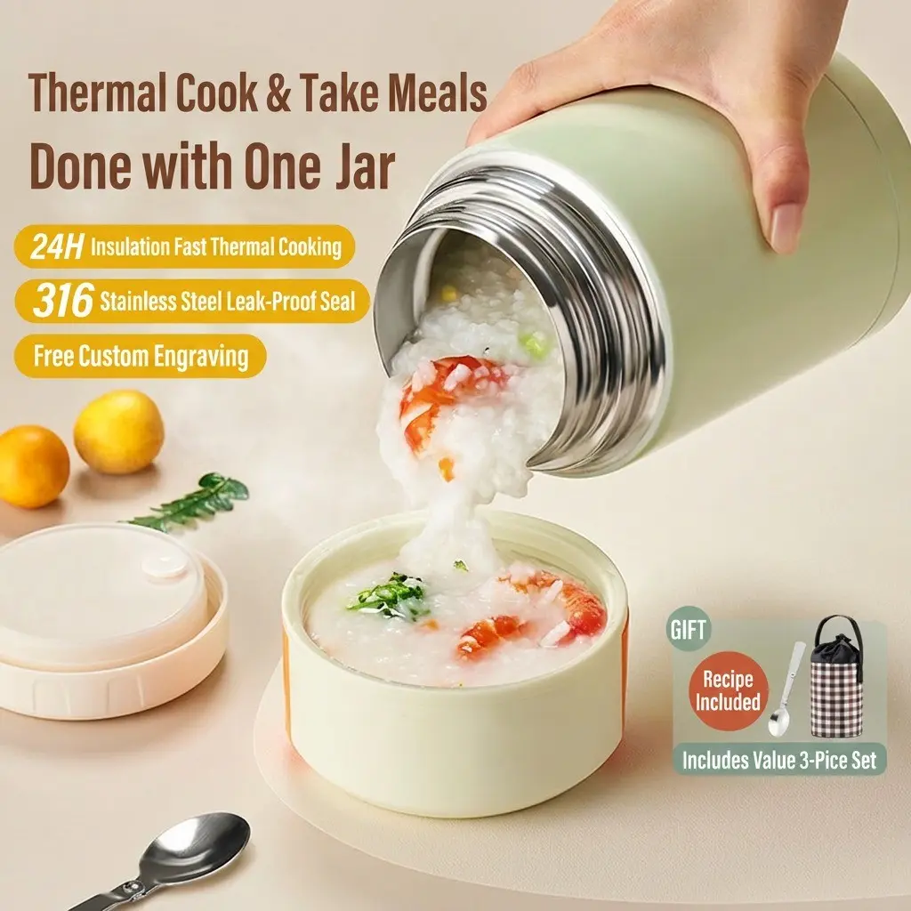 316 Stainless Steel Insulated Food Jar, 24 Hours Vacuum Thermal Soup Container, Lunch Soup Thermos with Foldable Spoon & Pressure Release Valve, Leakproof Portable Thermo Lunch Container for Oatmeal Porridge Hot Food