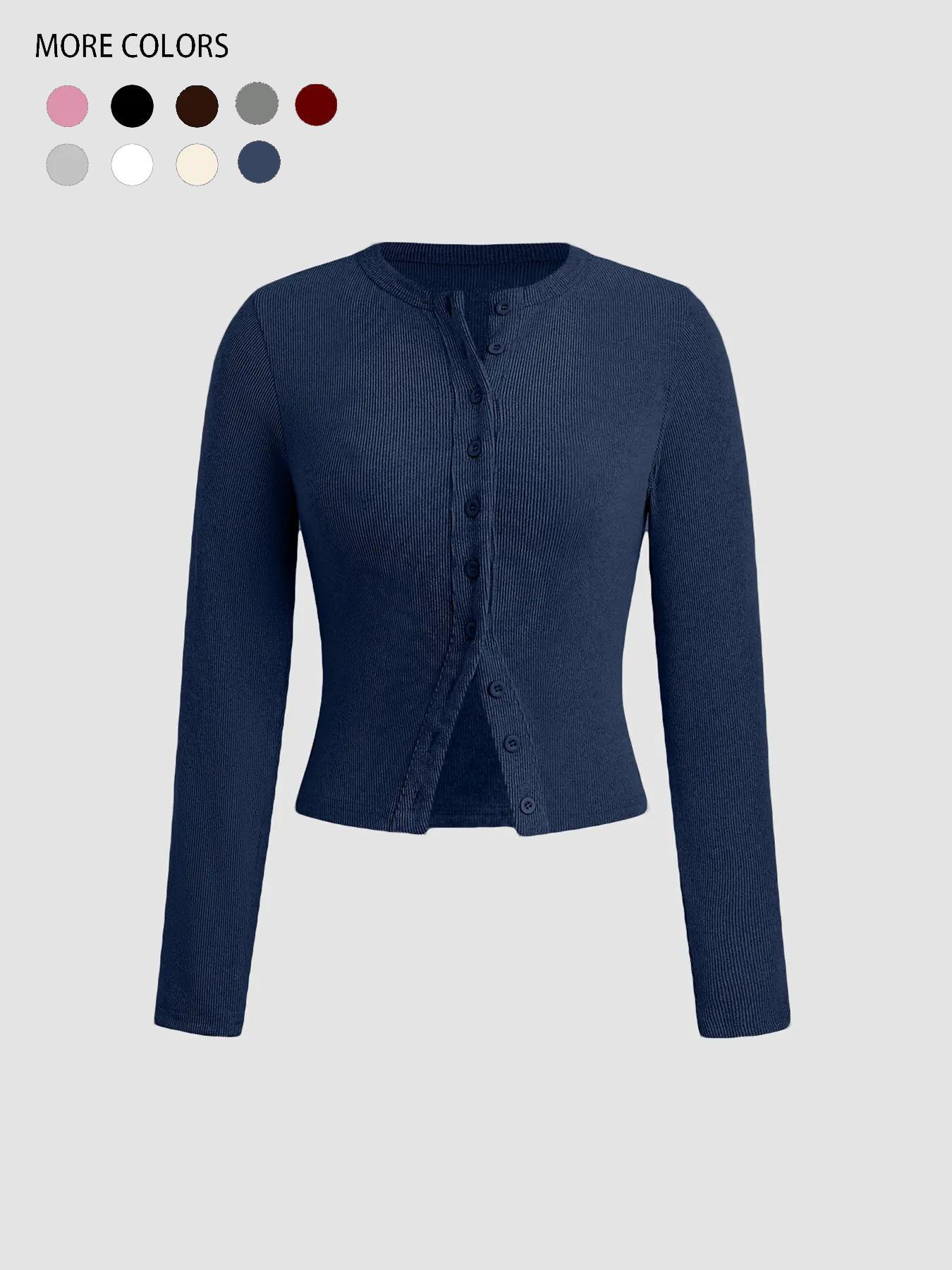 Women's Plain Basic Button Front Ribbed Tee, Casual Long Sleeve Round Neck T-Shirt for Spring & Fall, Women's Top for Daily Wear