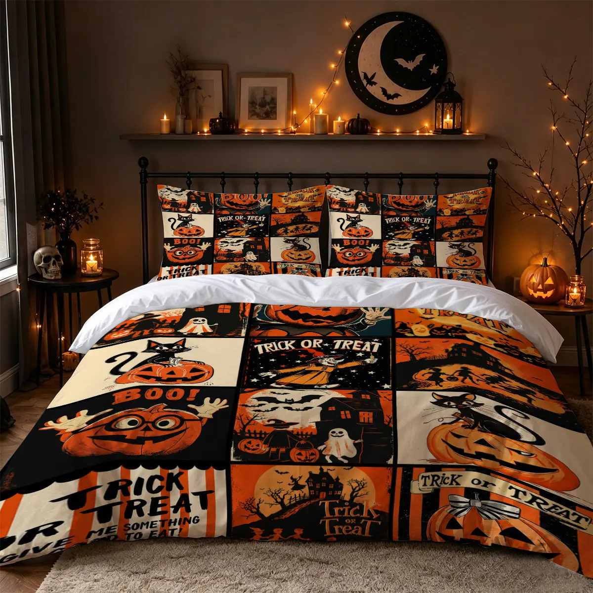 3Pcs Vintage Halloween Pumpkin Black Cat Ghost Patchwork Print Duvet Cover Set, Trick or Treat Bedding with 1 Duvet Cover and 2 Pillowcases, No Comforter, Orange Black Bedroom Decor for Adults, Apartments, Dorms and Guest Rooms
