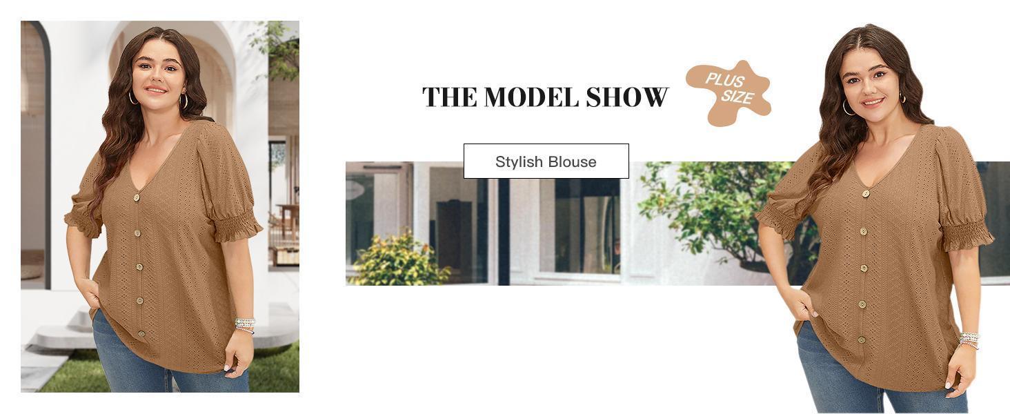 【XL-5XL】Plus Size Curve Imily Bela Curve Womens Plus Size Tunic Tops V Neck Short Puff Sleeve Tops Casual Summer Eyelet Blouses