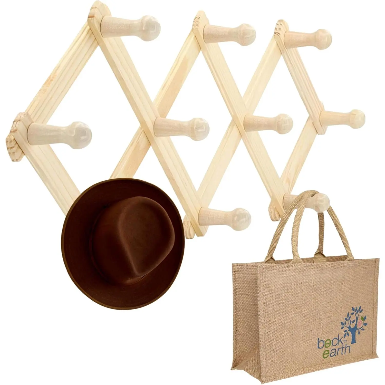 Accordion Style  Expandable Rack Hat, Cap, Belt, Umbrella Coffee Mug Wall Wooden Pegs
