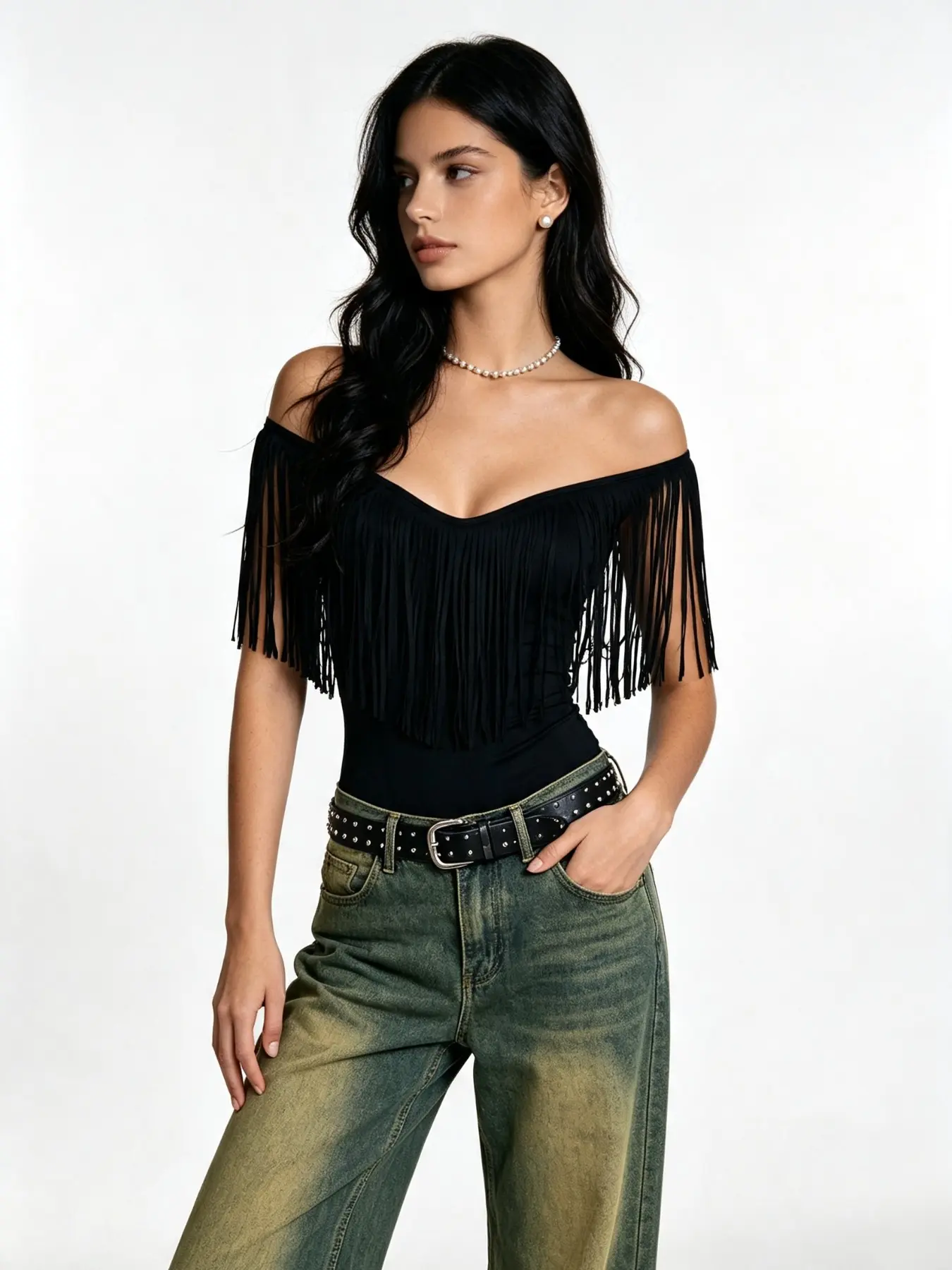Women's Fashion Deep V Neck Fringe Slim Fit Top, Sexy Y2K Style Long Sleeve Solid Color Criss Cross Design, Spring & Fall Wear