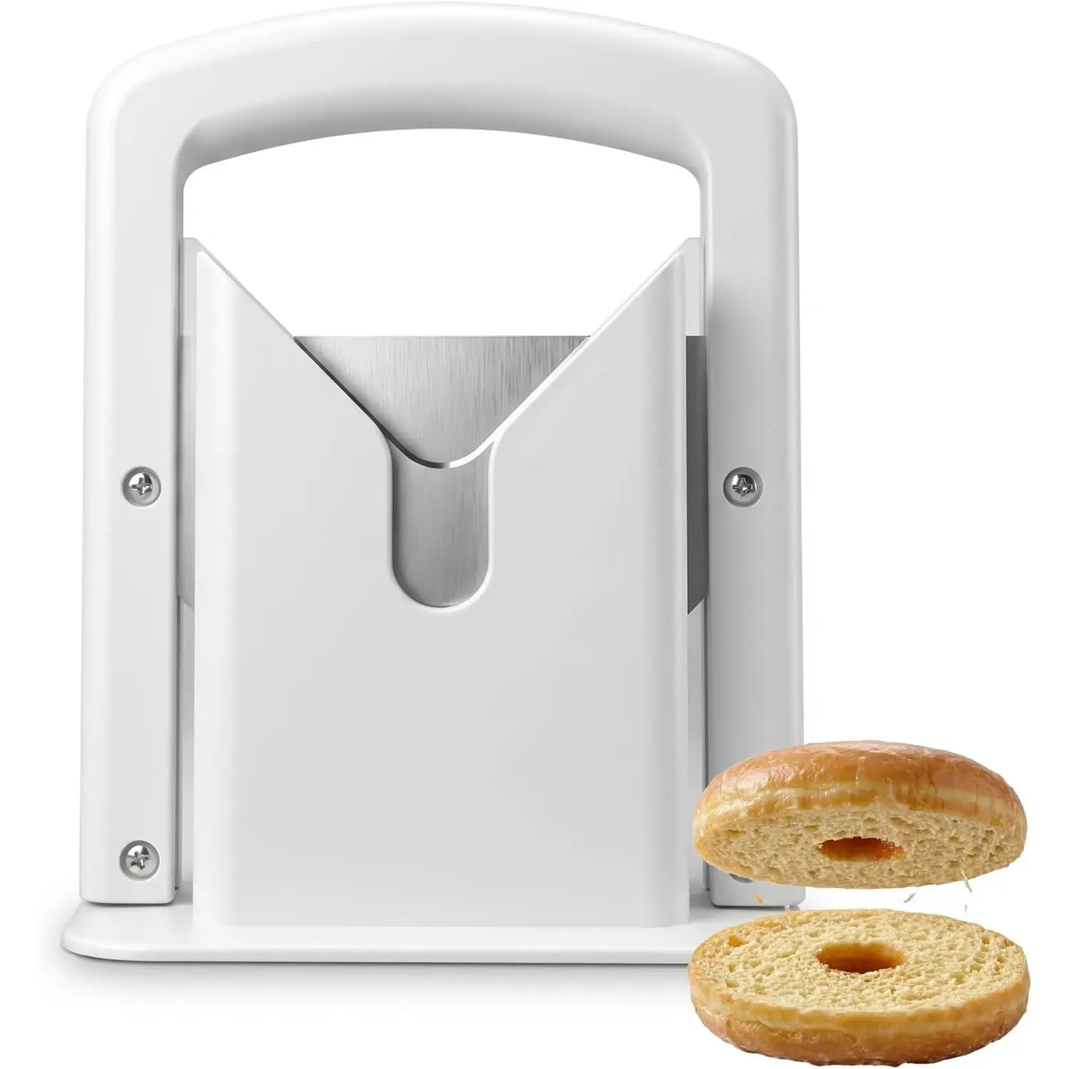 Bagel Slicer, Stainless Steel Kitchen Guillotine Cutter with Safe Grip and Safety Shield for Bagels, Breads, Muffins, Buns, Rolls - Fast, Easy And Safe, White (white)