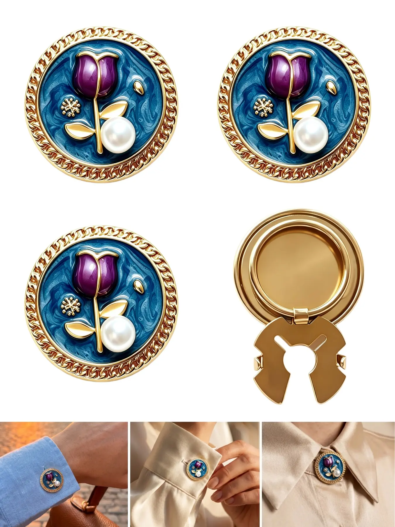 4 Pcs Elegant Enamel Tulip Pearl Button Set, Detachable Floral Cufflinks, Jewelry Decorative Button Clips, Unisex DIY Fashion Accessories