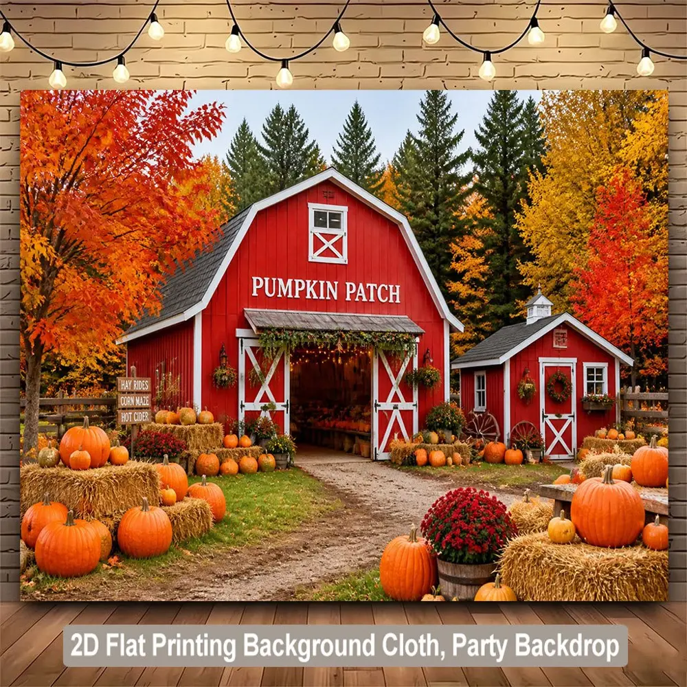 59X82.7 Inch / 150Cmx210cm 2D Flat Autumn Pumpkin Patch Red Barn Themed HD Digitally Printed Polyester Photography Backdrop Sheet, Soft Lightweight Foldable Banners for Party, Portrait Photos