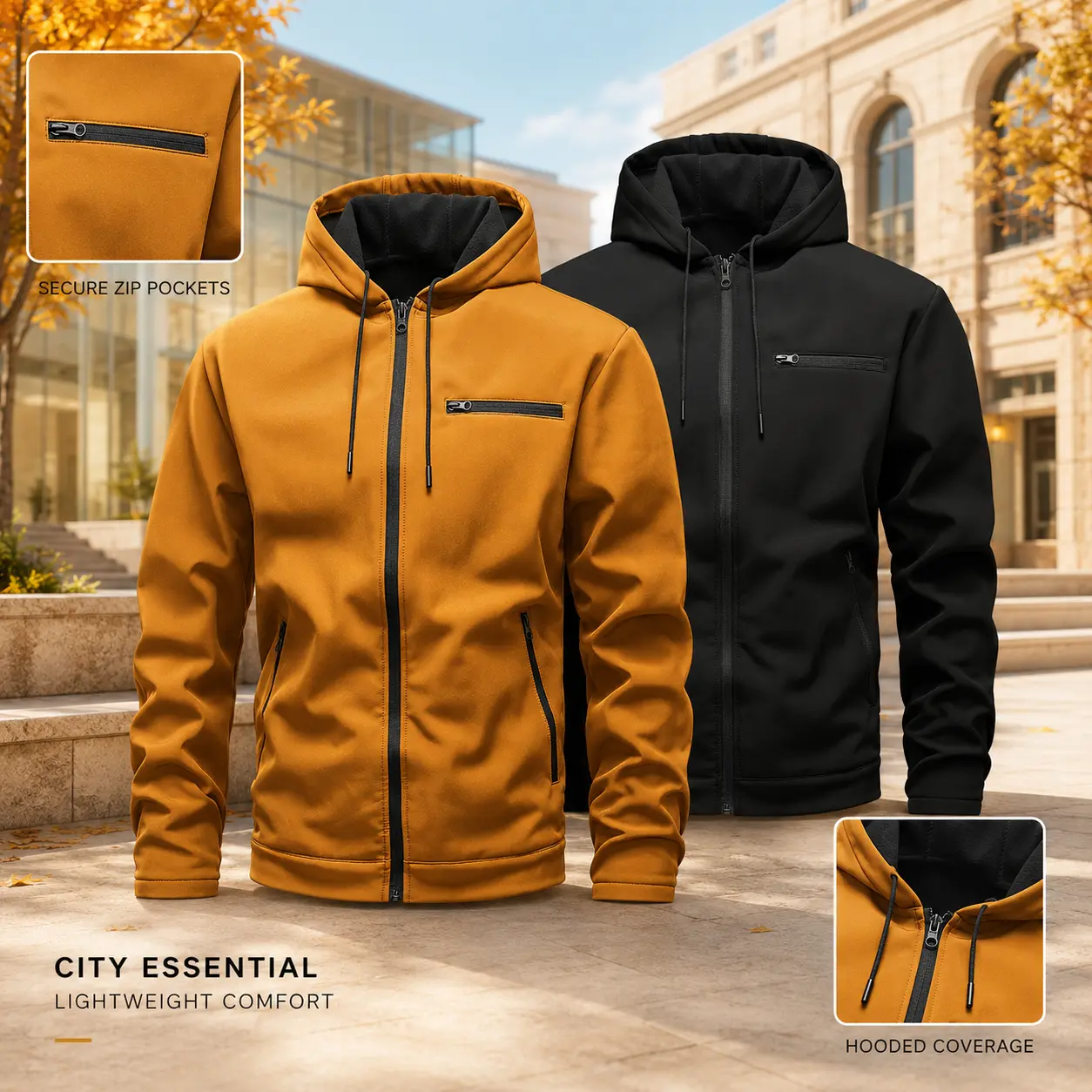 Solid Color Hooded Zip Jacket Men Chest Zipper Pocket Windproof Daily Work Travel Outerwear