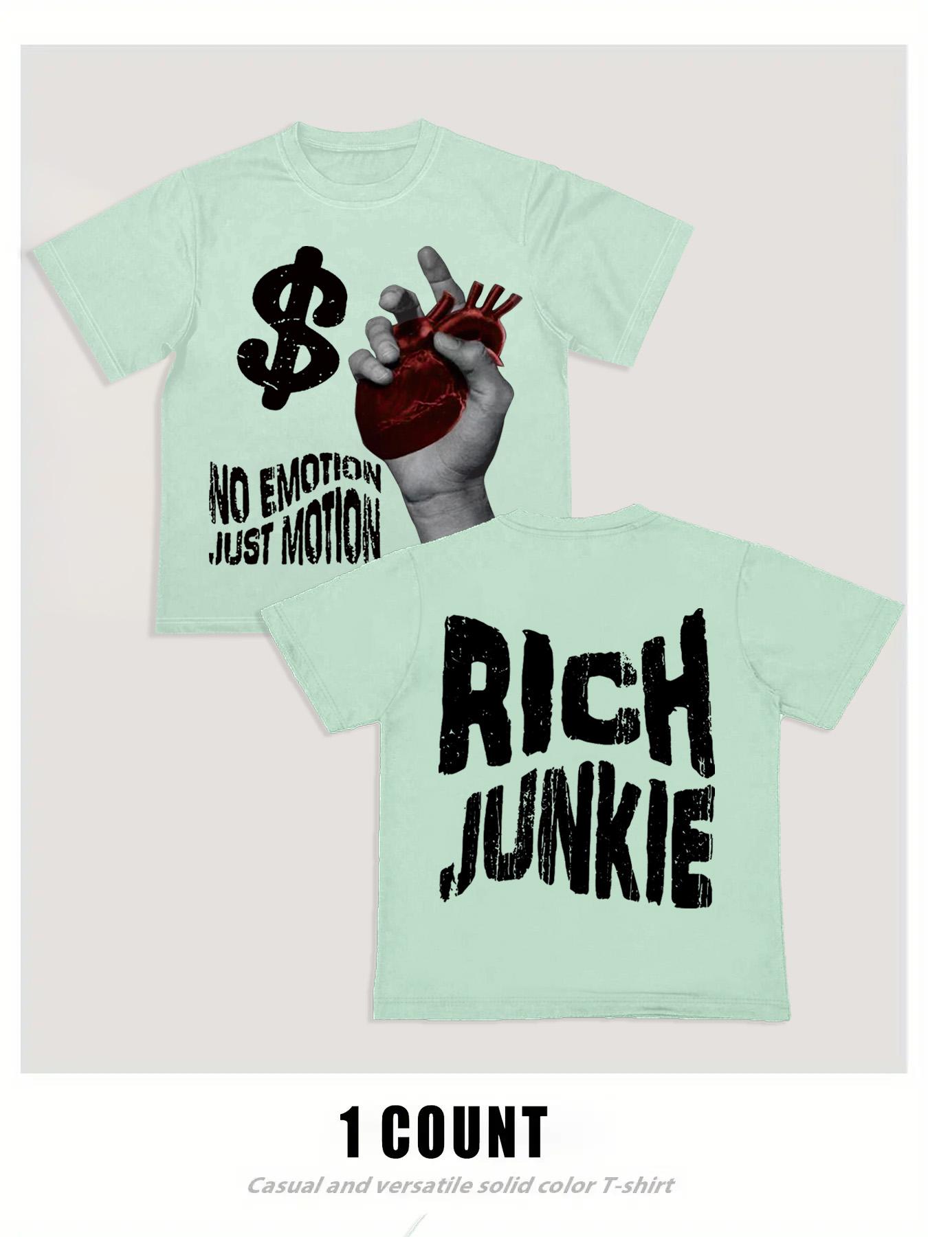 Men's Cartoon Hand & Rich Junkie Print Round Neck Tee, Loose Casual Fashion Short Sleeve T-shirt for Summer, Men's Top for Daily Wear, Tropical, Casual Streetwear