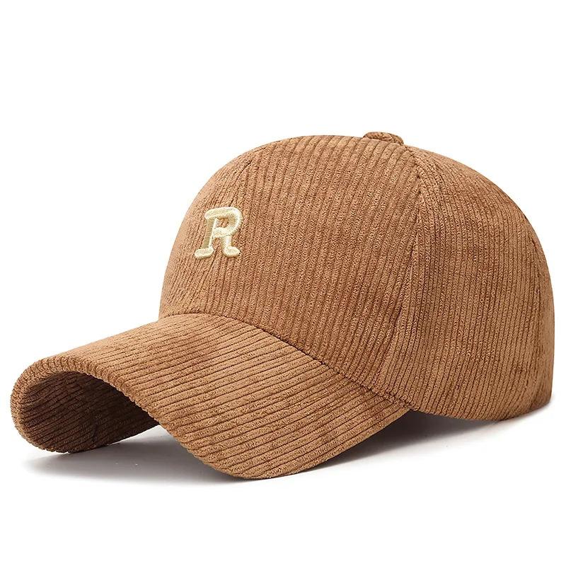 Corduroy Baseball Cap with 3D Embroidered 'R' Letter Solid Color Adjustable Structured Hat Stylish Fall and Winter Accessory