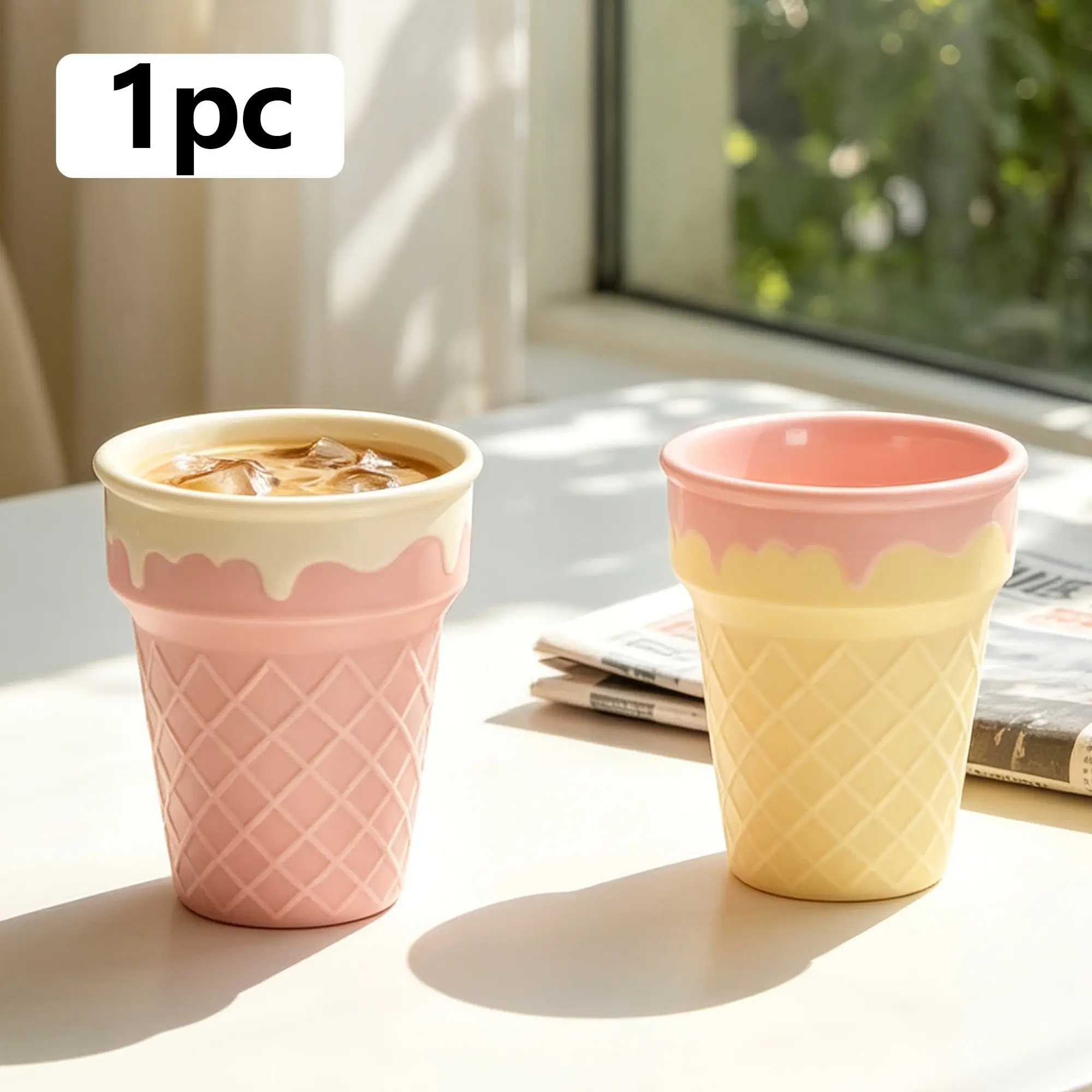 Cute Ice Cream Ceramic Cup, Multi-Functional Coffee Holder, Yogurt Dessert Bowl, Dishwasher Safe, Perfect Gift for Birthdays