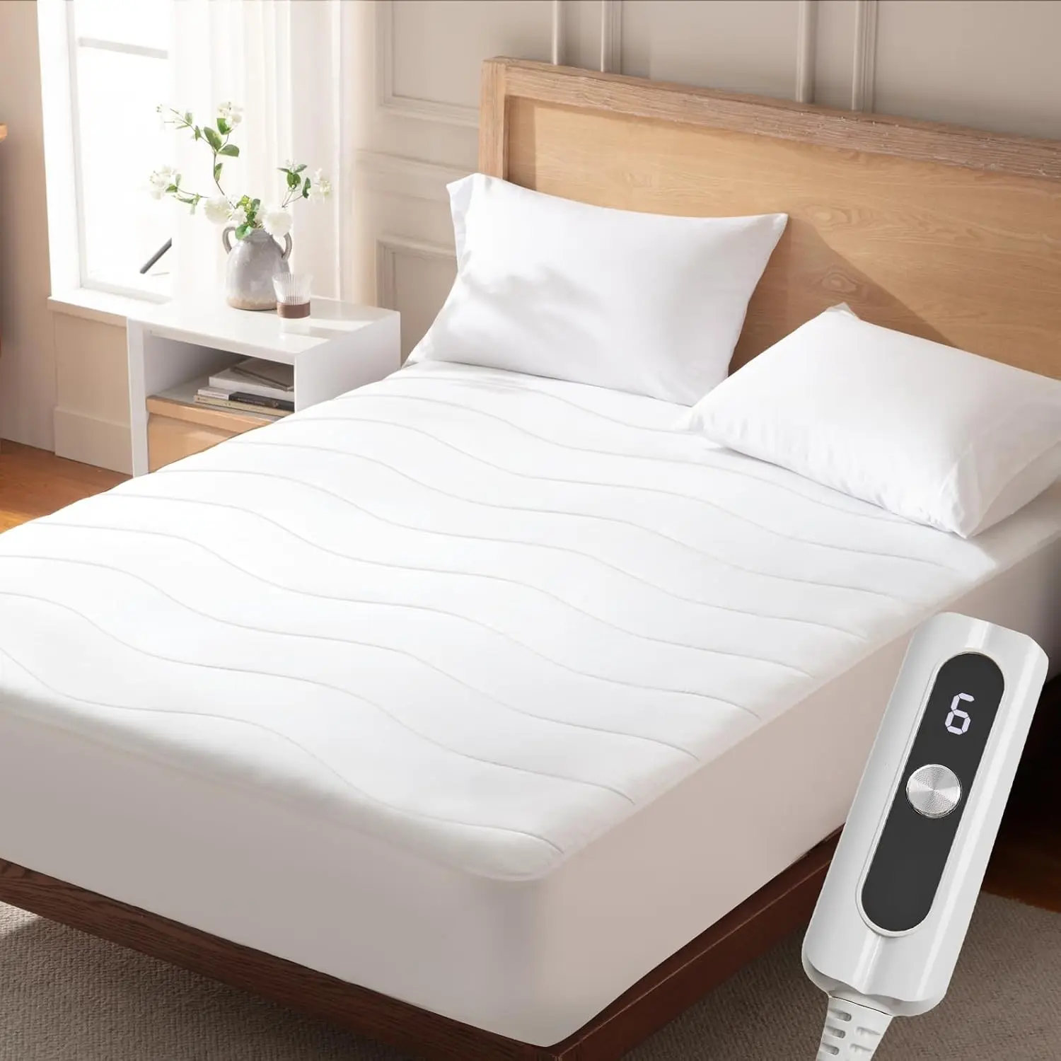 Quilted Fabric Heated Full Mattress Pad, Electric Bed Warmer with Single Controller, 6 Heat Settings, 10-Hour Auto Shut-Off, 17in Deep Pocket, Machine Washable, White