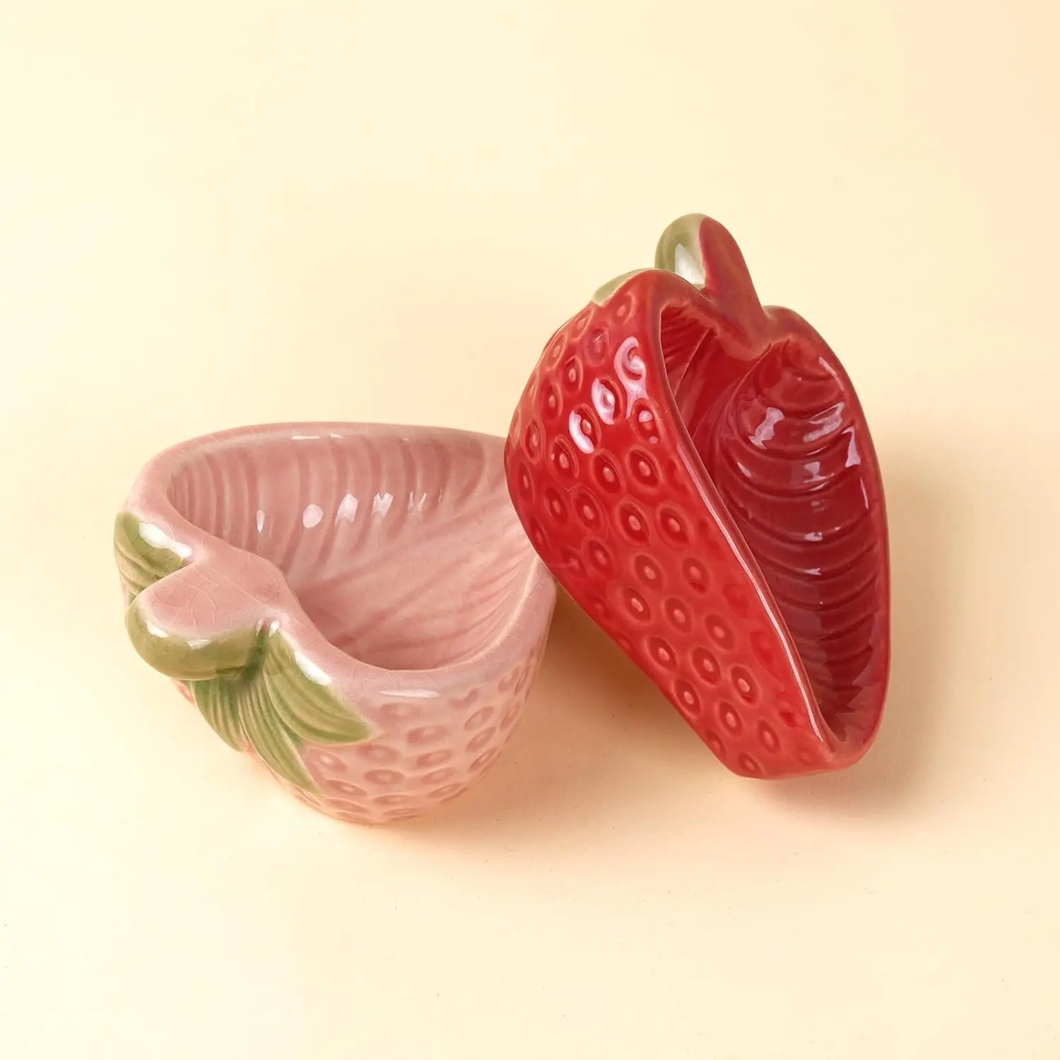 2-Pack Fruit Shape Ceramic Strawberry Hamster Feeding Bowls, Food Dishes for Small Animals (Pink+Red)