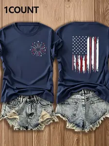 Vintage American Flag Print Short Sleeve T-Shirt, Loose Fit Round Neck, Soft Breathable Cotton, Casual Retro Style, Perfect for Jeans Shorts