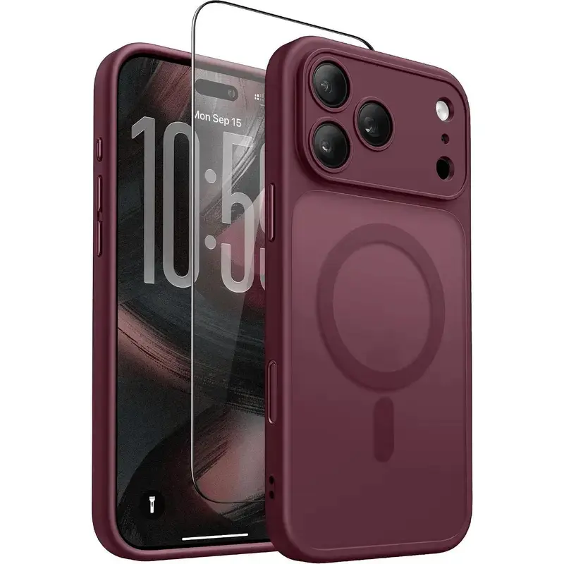 Magnetic Shockproof Burgundy Phone Case with 1 Pack HD Tempered Glass Screen Protector, Compatible with iPhone 18 Pro Max,17 Pro,16 Plus,15 Pro,14,13,12,11