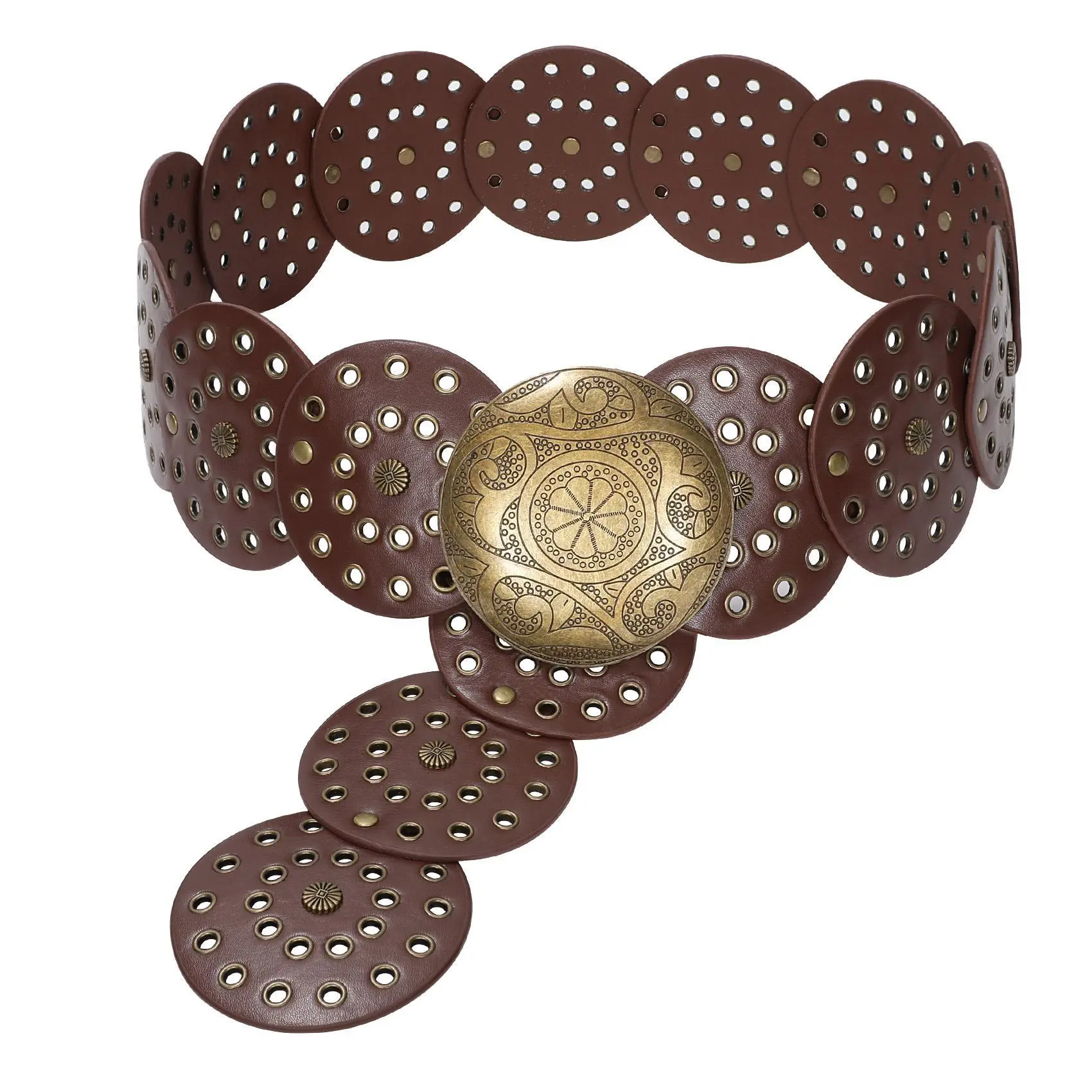 JASGOOD Women Western Concho Belts Wide Hollow Disc Leather Belt Cowgirl Boho Belt for Jeans Dresses with Metal Buckle