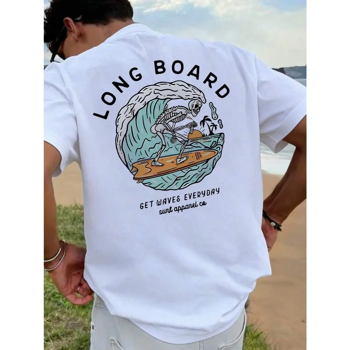 Long Board Skeleton Surf Graphic Tee, White Back Print Beach T-Shirt, Coastal Wave Surfer Shirt, Skull Surfboard Ocean Top, Summer Vacation Streetwear Tee, Beach Trip Gift for Him