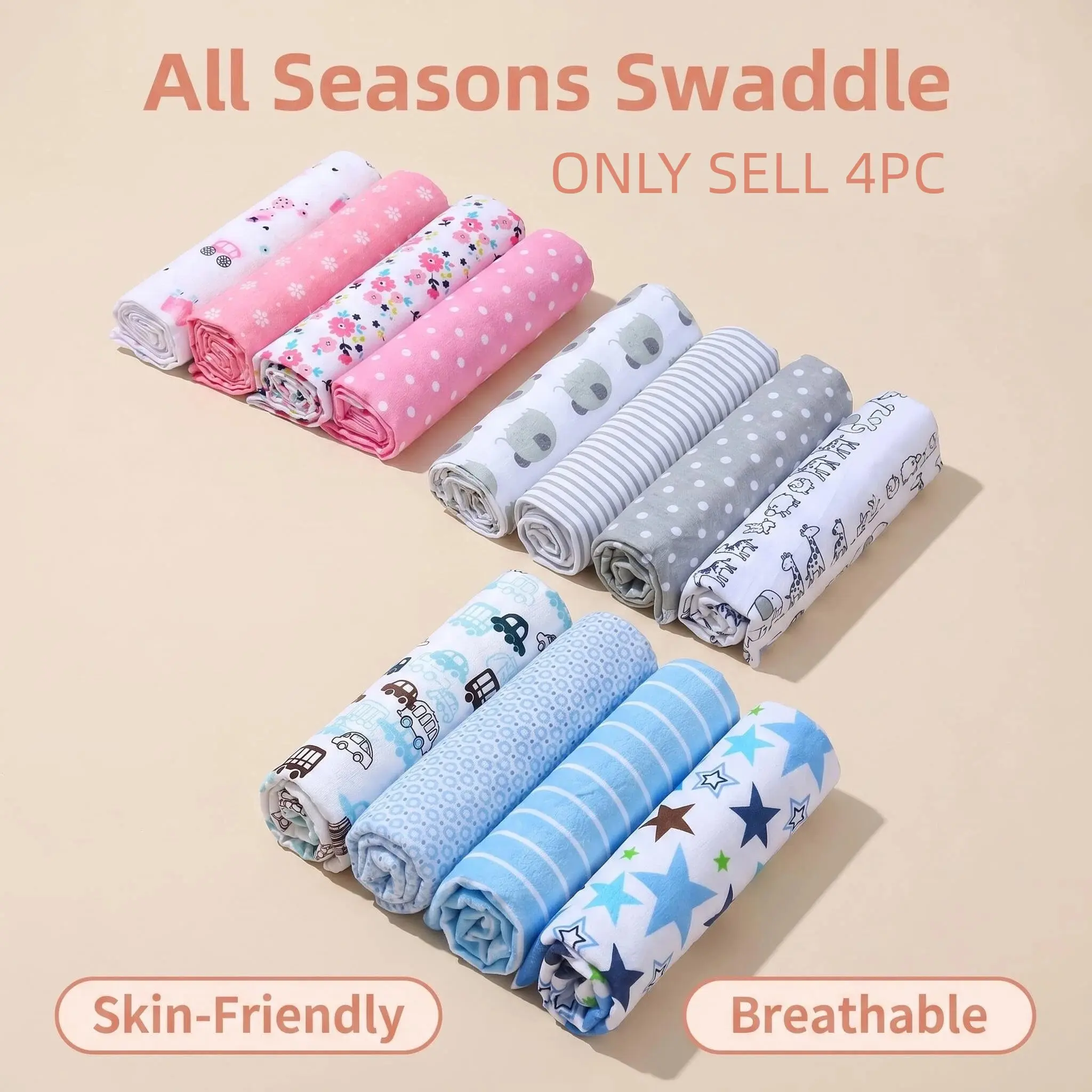 4 Pack Lightweight Gentle Soft Material Printed Infant Baby Swaddle Blanket, Portable Versatile Multi-use with Portability Bath Cover Blanket, Festive Holiday Gift for Newborn Baby Boys Girls All Seasons Use