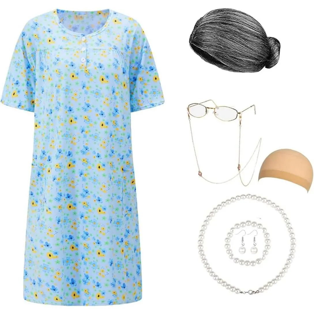 Women's Old Lady Costume Kit with Nightgown and Wig - Granny Halloween Outfit(Gift)