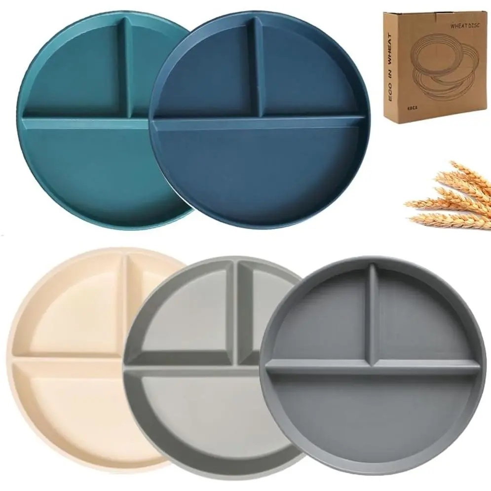 5 count Unbreaable Divided Plates for Adults 9in, Deep Dinner Plates, Divided Design for Pic Eaters,Compartment Plates, Lightweight  Plastic Portion Control Plates