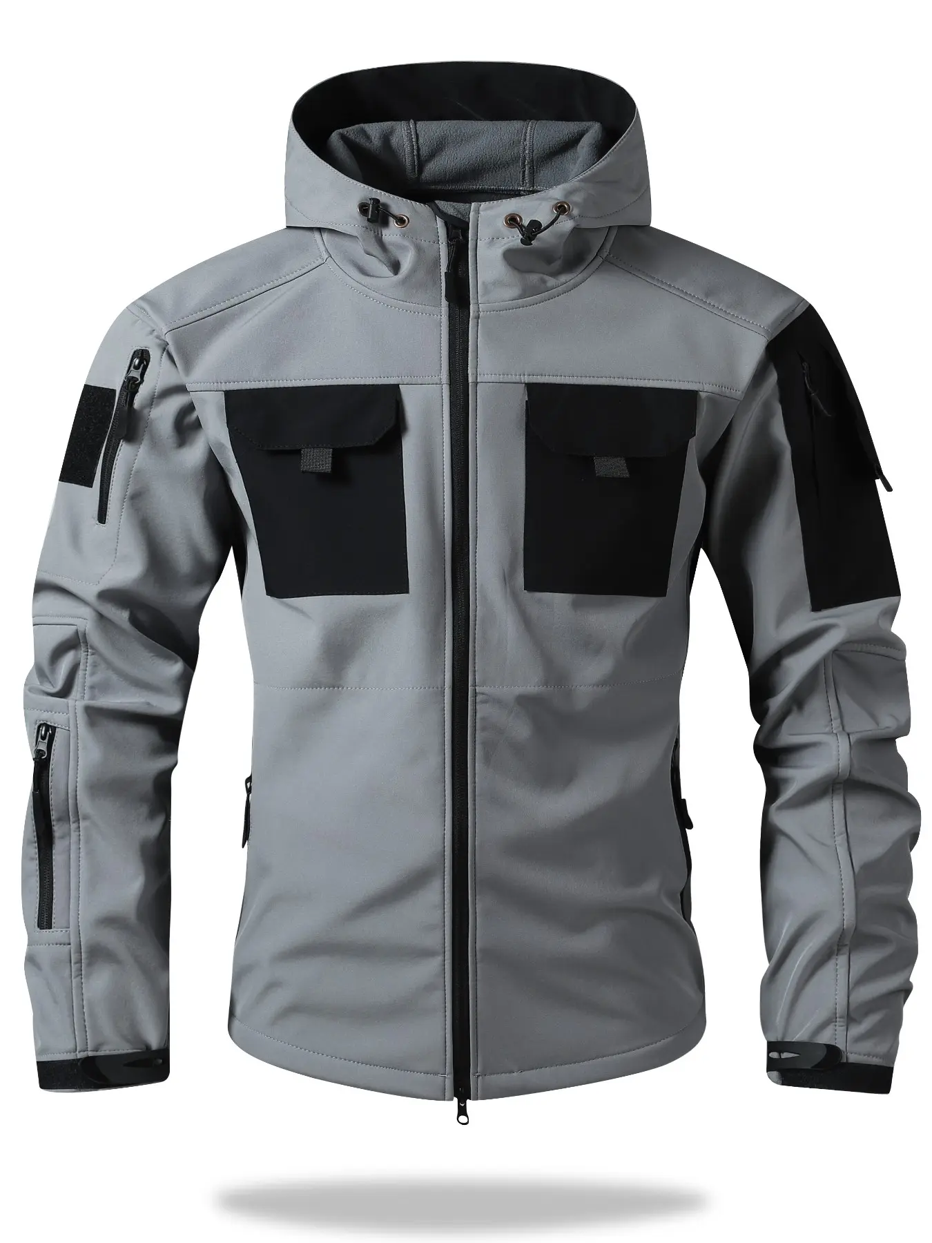 Men's Solid Color Tactical Soft Shell Jacket, Multi-Zip Pockets, Windproof Waterproof, Outdoor Commute Jacket, Two-In-One Outerwear