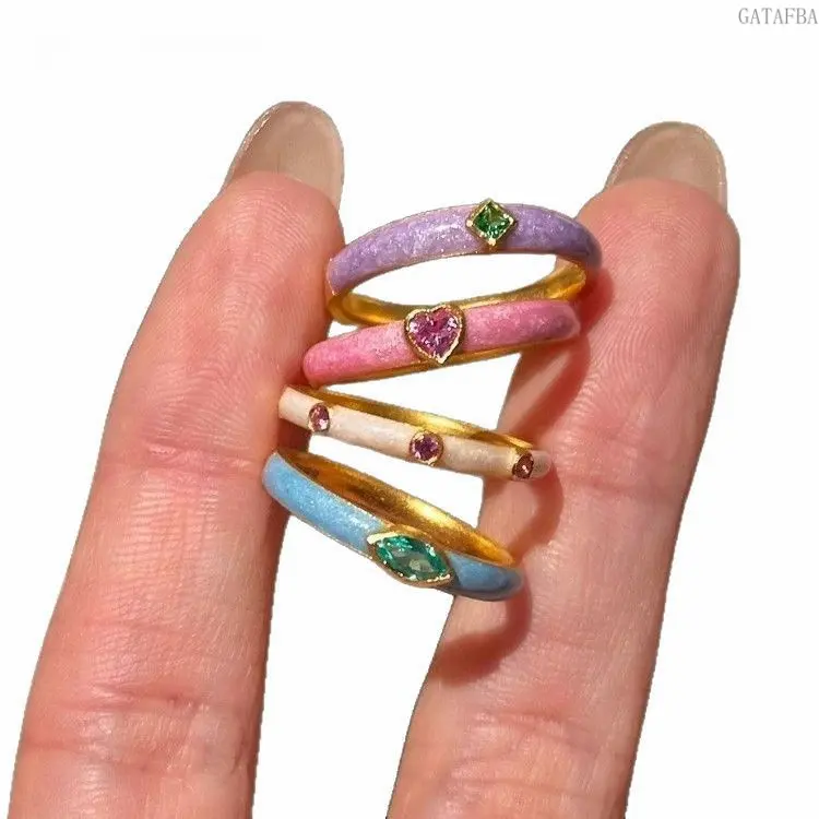 Women's Vintage Dopamine Color Zircon Enamel Stackable Ring Set - French Elegant Index Finger Bands for Daily Wear & Party, Sports & Outdoor Jewelry Gift, Enamel Rings