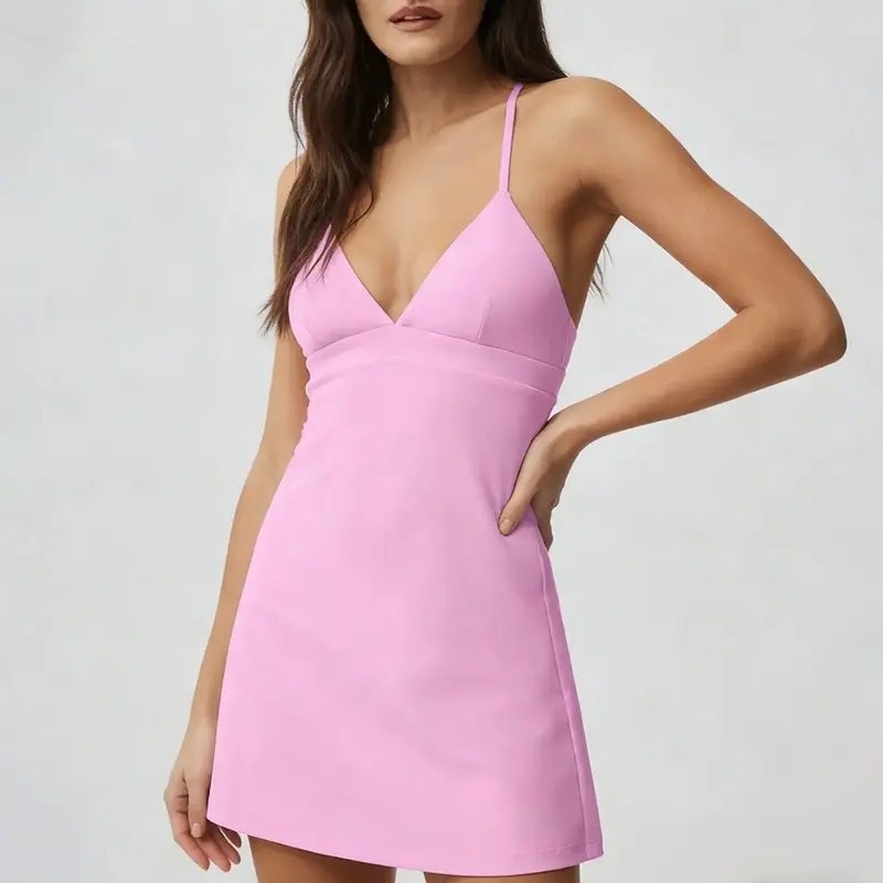 Rise Active Women's V-Neck Spaghetti Strap Sporty Tennis Dress - Flowy Athletic Dress with Built-In Shorts for Golf & Everyday Wear