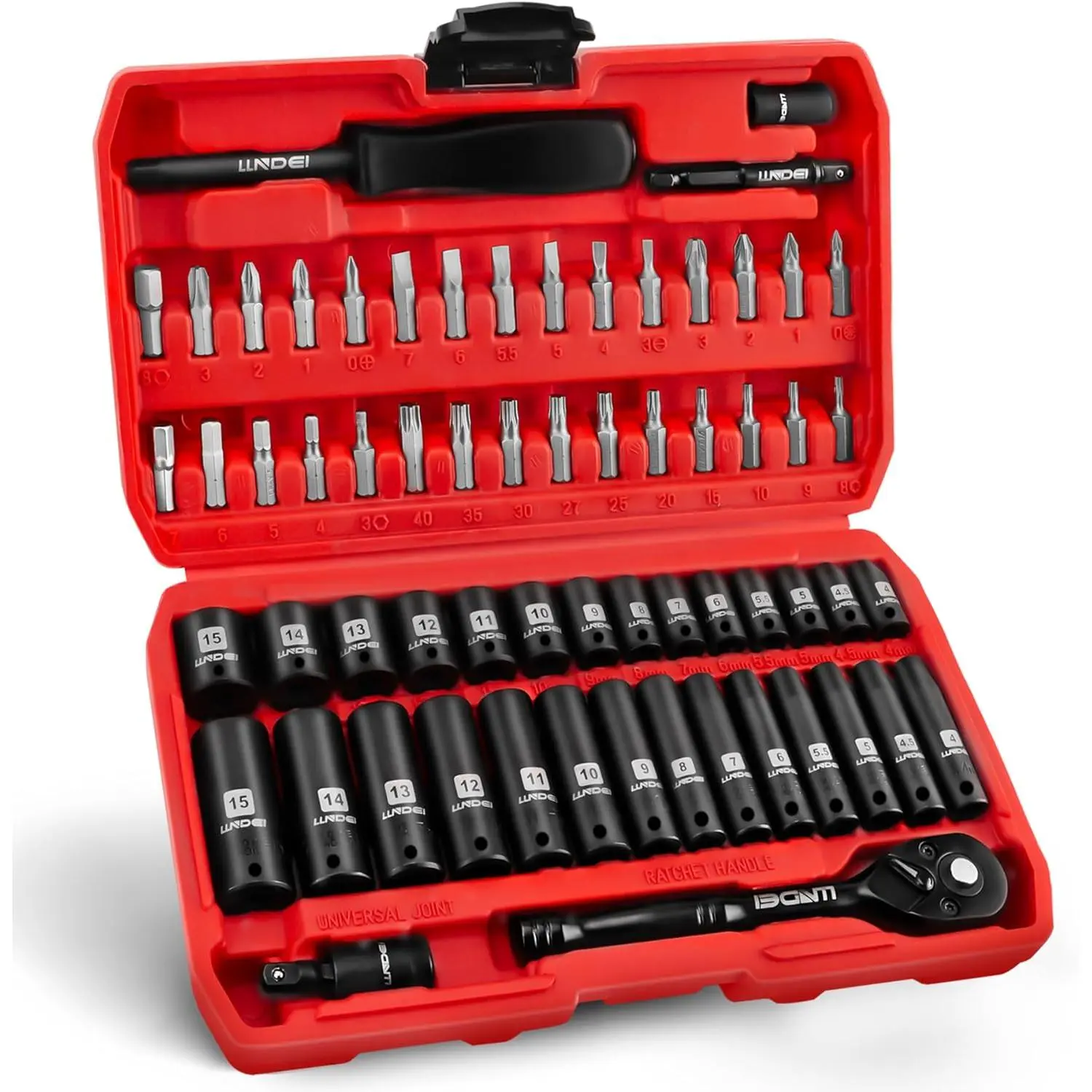2026 LLNDEI 1/4" Drive Socket Wrench Set, 1/4-Inch Impact Socket Set Metric(4-15mm) Deep and Shallow 6 Point, CR-V, 63PCS with 72T Ratchet Wrench Handle for Household&Automotive Repairing